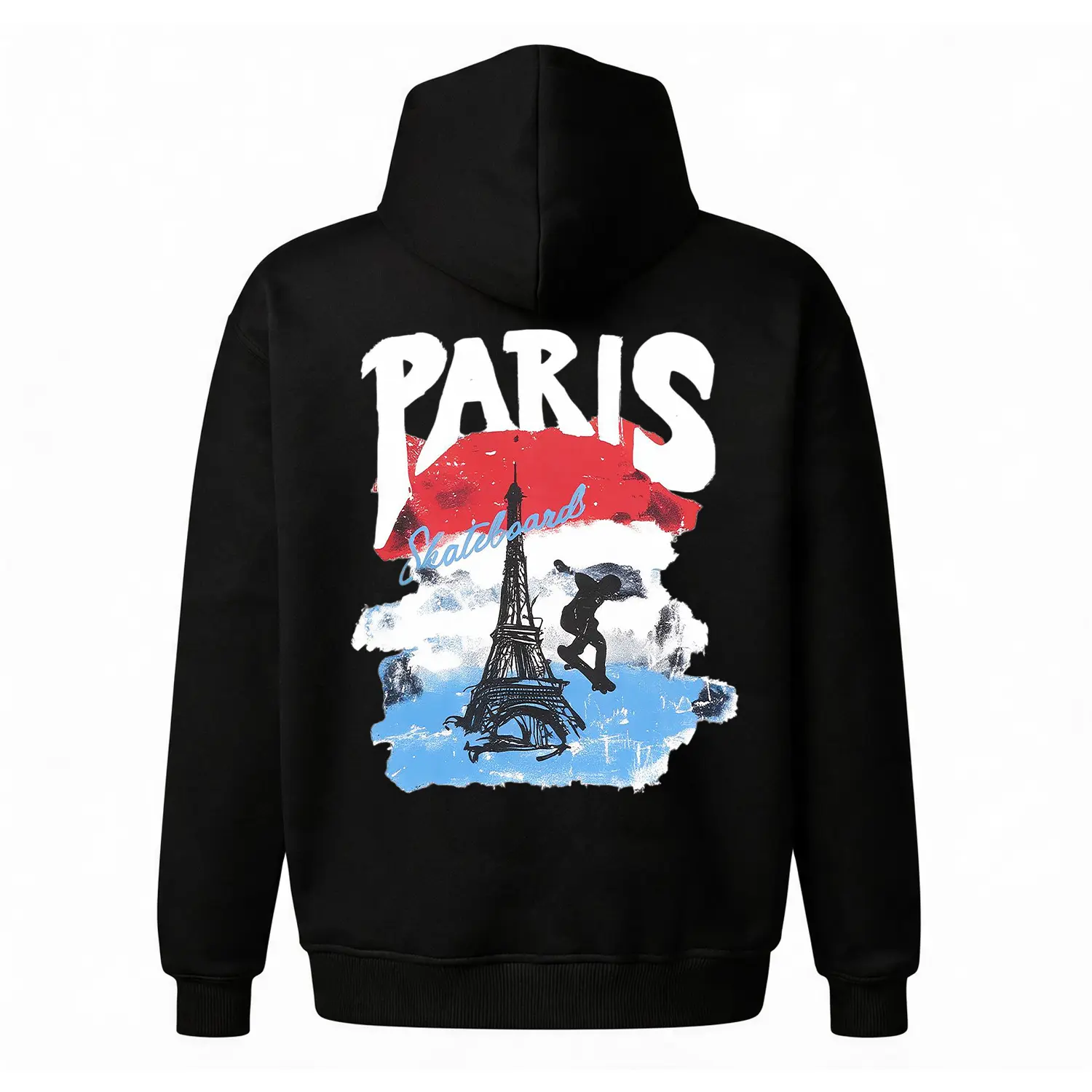 Paris Skater Graphic Hoodie |   Street Art Graffiti Back Print Sweatshirt |   Eiffel Tower Skateboard Pullover |   Oversized Unisex Fleece Top |   Retro French Flag Vibe Hoodie for Men & Women