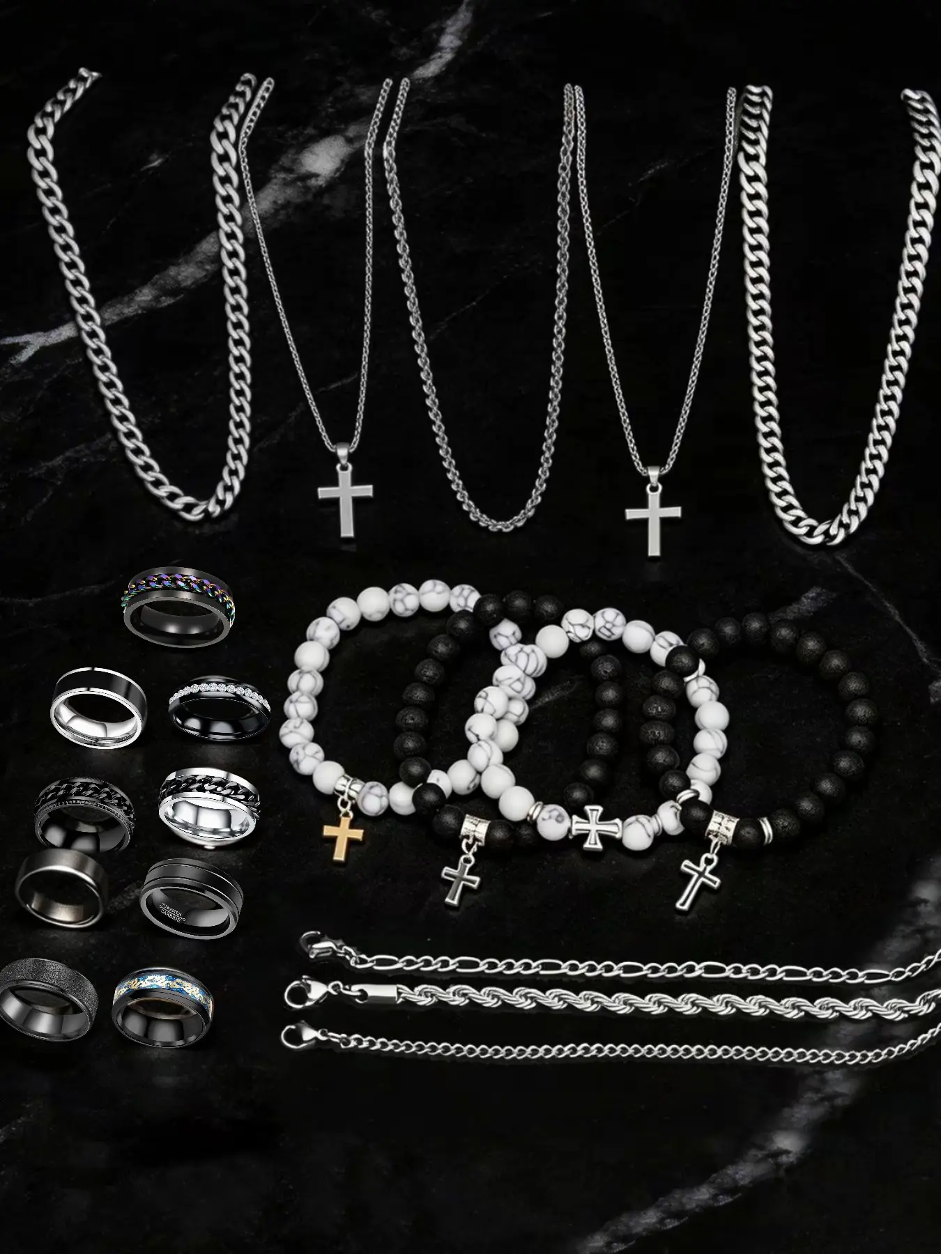 21-Piece Stainless Steel Trendy Jewelry Set for Men, Casual Punk Cross Pendant Necklace, Cuban Chain Set, Chain Bracelet, Ring Set, Perfect Gift for Dates, Jewellery Gift Set