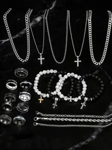 21-Piece Stainless Steel Trendy Jewelry Set for Men, Casual Punk Cross Pendant Necklace, Cuban Chain Set, Chain Bracelet, Ring Set, Perfect Gift for Dates