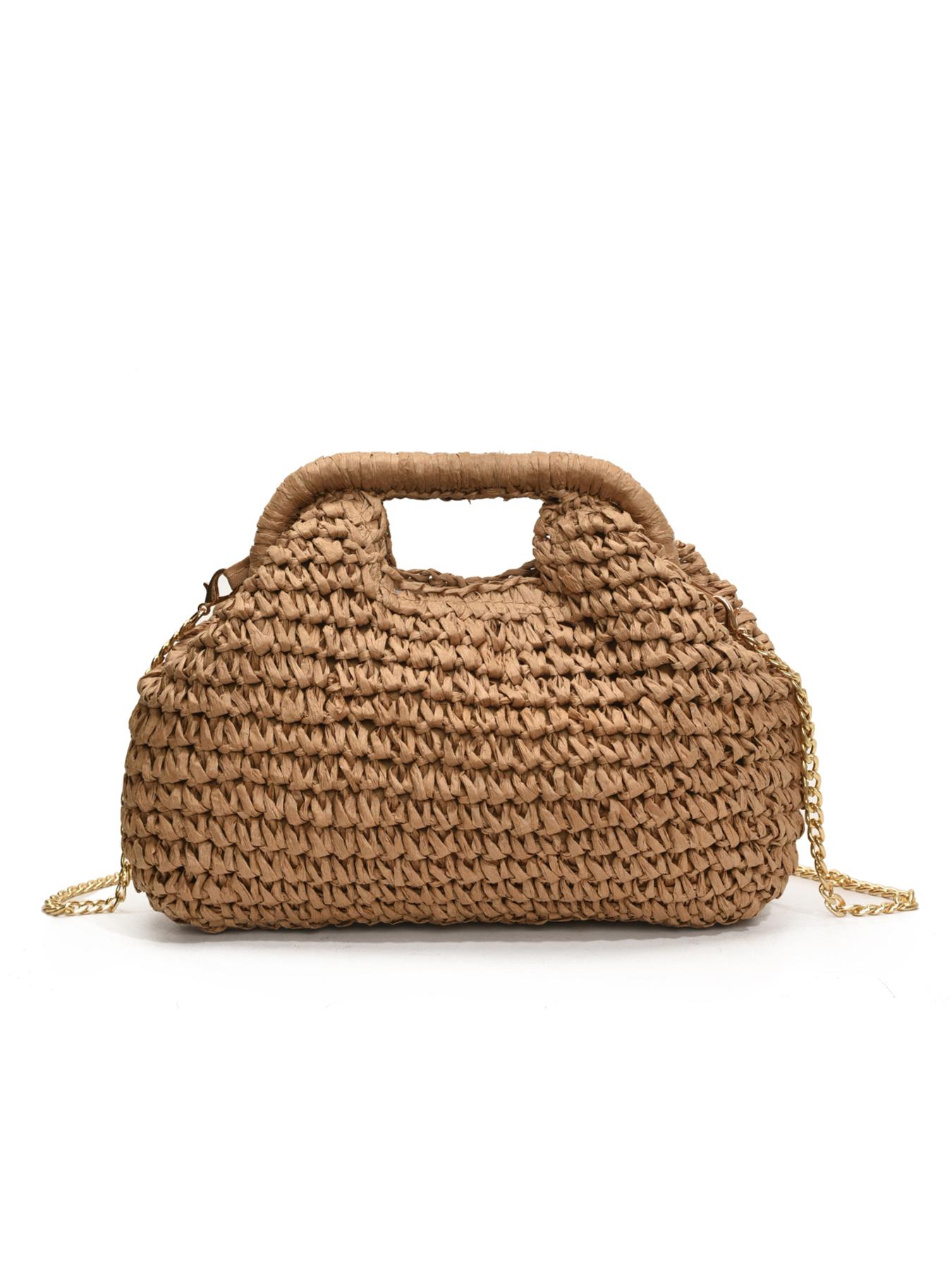 Women's Elegant Straw Bag, Fashionable Straw Crossbody Bag with Chain Strap, Casual Versatile Shoulder Bag for Daily Used, Half Moon Bag