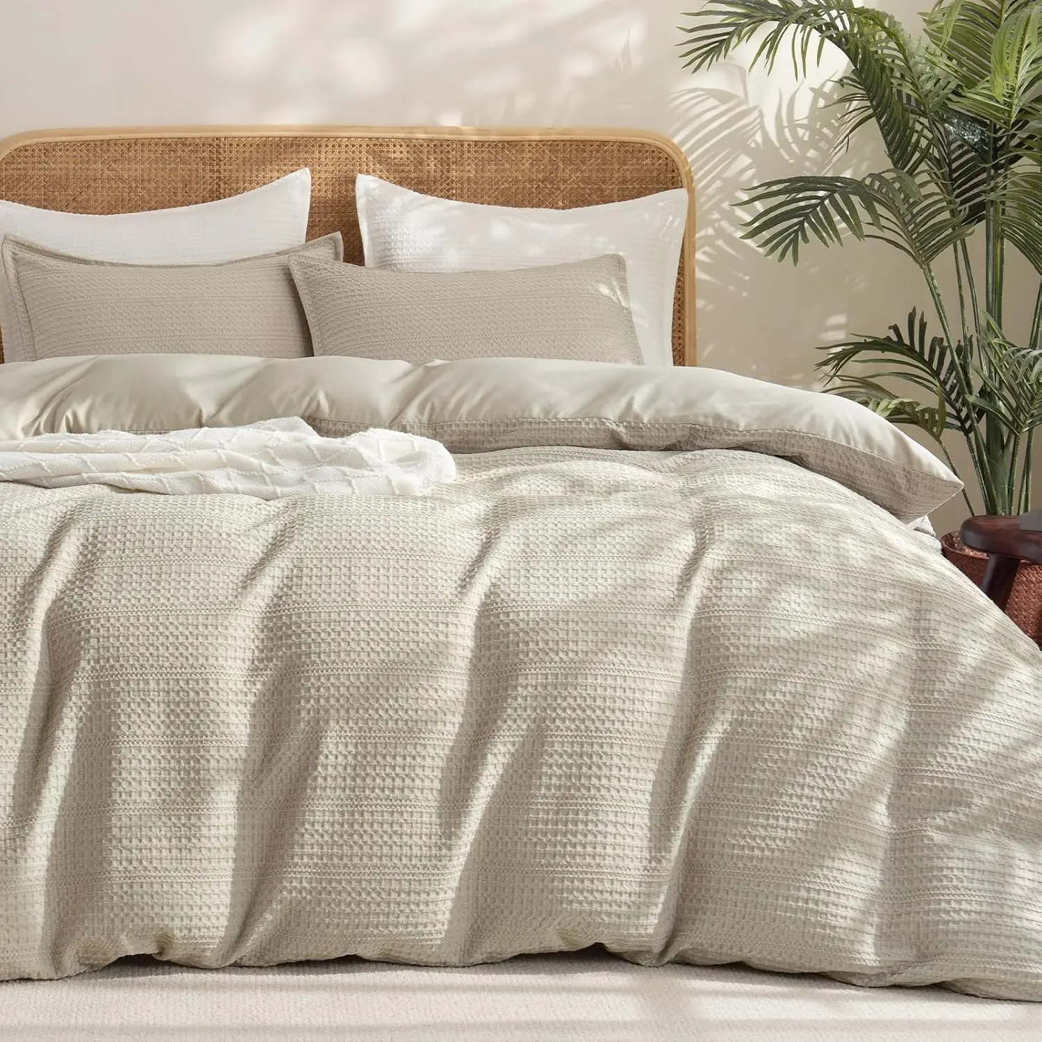 Soft Waffle Duvet Cover Queen Size- Breathable Waffle Weave Duvet Cover(90"x90") with 2 Pillow Shams, 3 Pieces Luxury Textured Bedding Set for All Season, Natural