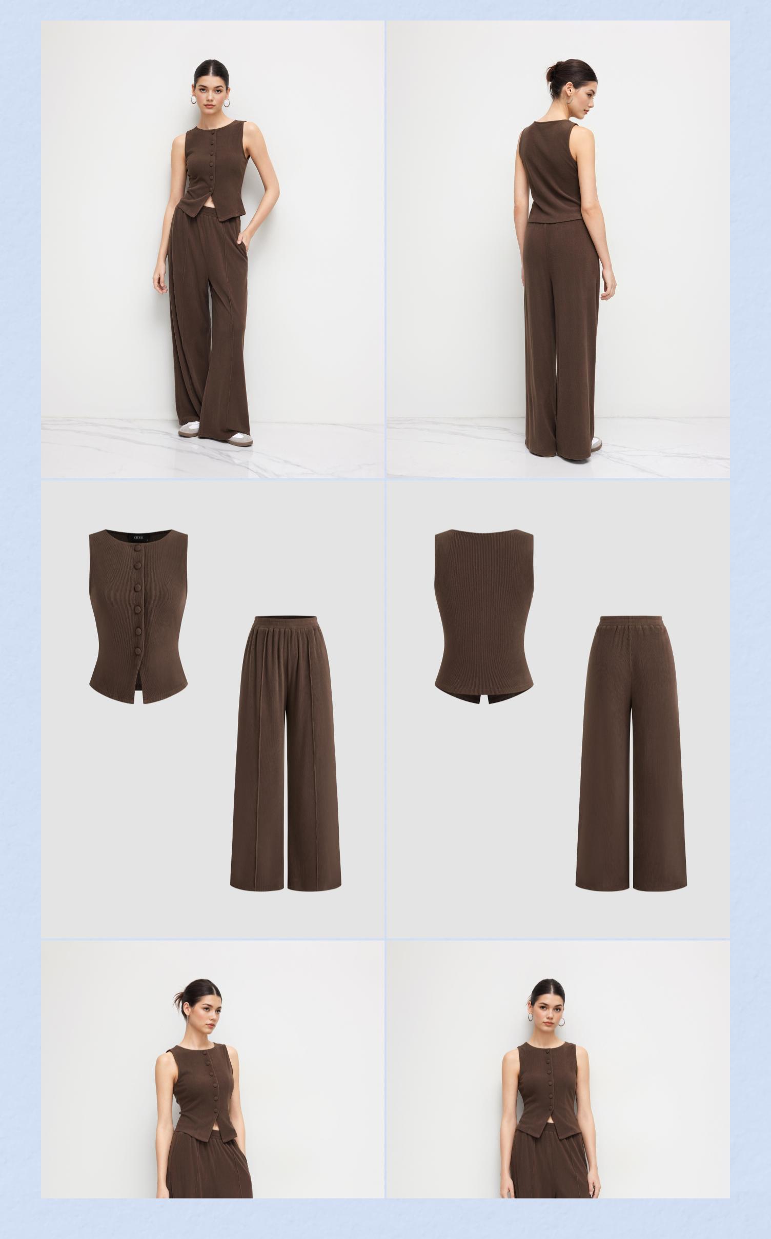 Cider Boat Neck Waistcoat & Mid Rise Elastic Waist Wide Leg Trousers Set