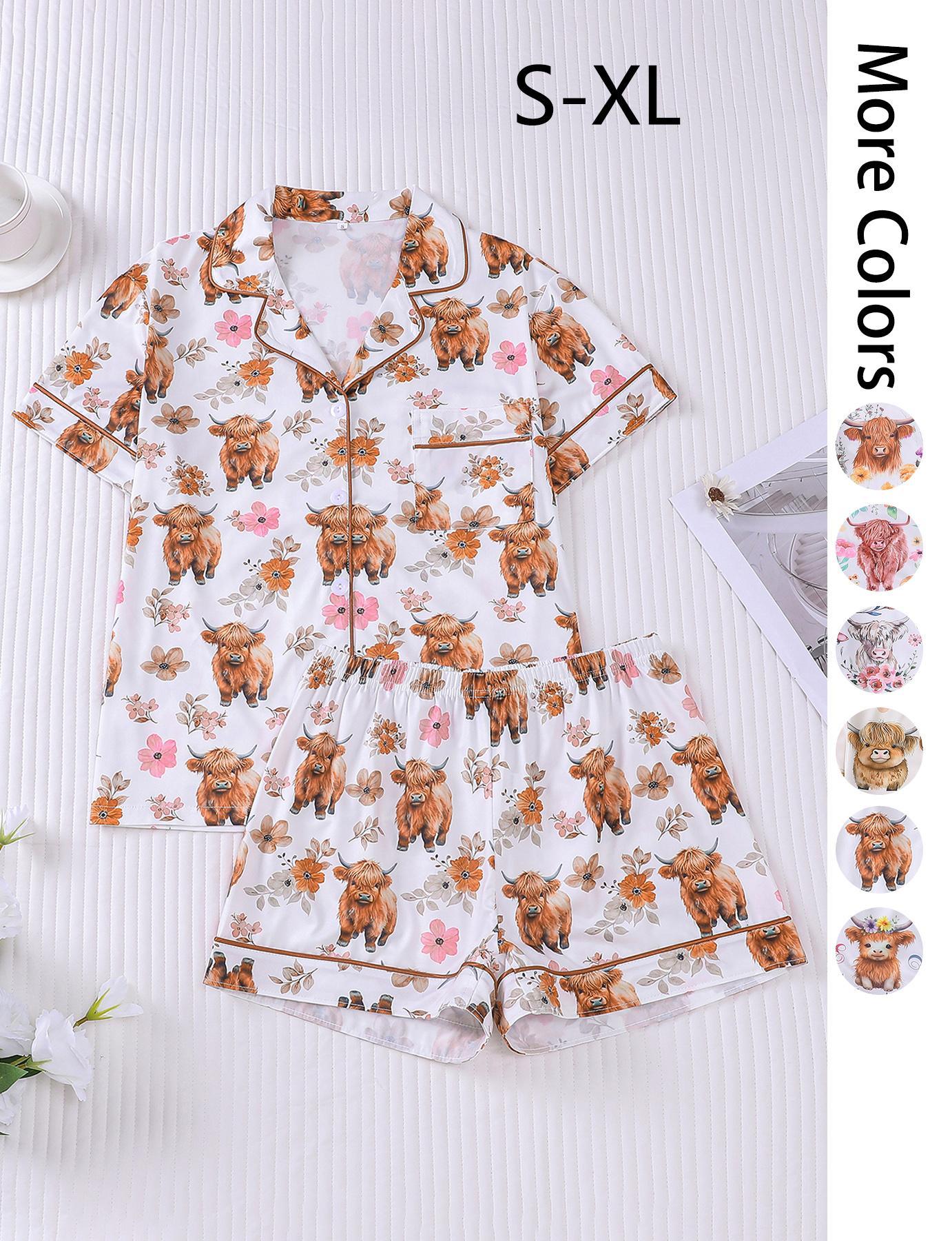 Women's All Over Print Pajama Two-piece Set, Casual Comfy Short Sleeve Top & Elastic Waist Shorts Loungewear Set, Ladies Summer Sleepwear