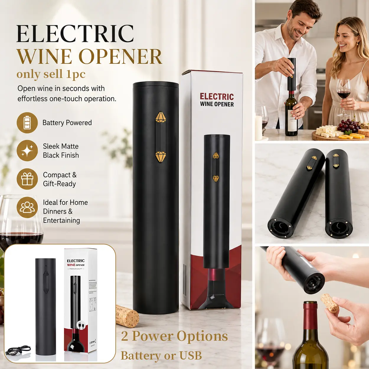 Premium Electric Wine Bottle Opener, Sleek Automatic Corkscrew with One Touch Opening System, Portable Wine Tool for Removing Corks Quickly and Easily, USB Charging or Battery Operated Design for Kitchen,Wedding Party, Holiday Celebration,Wine Gifts