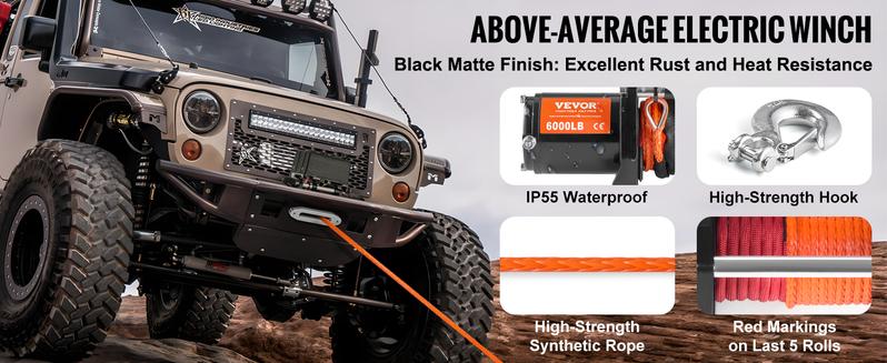 VEVOR Electric Winch, 6000 lb Truck Trailer Winch, 12V DC 1/4 in x 55 ft Synthetic Rope Aluminum Fairlead Wireless & Wired Remote Control, IP55 Waterproof Towing for Off Road SUV ATV UTV Jeep Boat