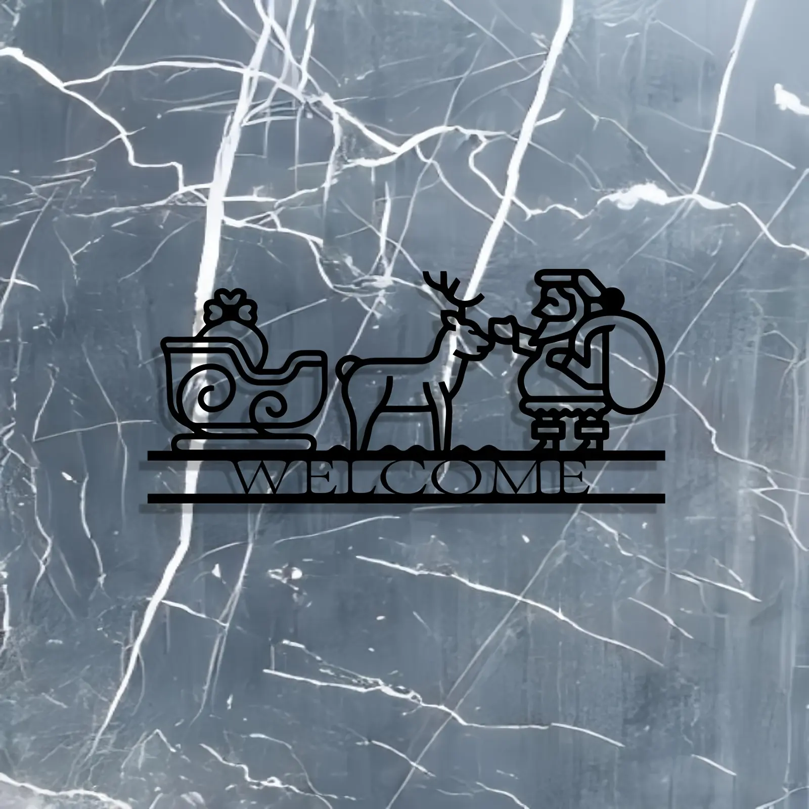 1 piece of vintage Santa Claus sleigh and reindeer welcome metal wall decoration - black outdoor/indoor Christmas decoration with WELCOME logo, sturdy iron structure suitable for porch, living room, and foyer