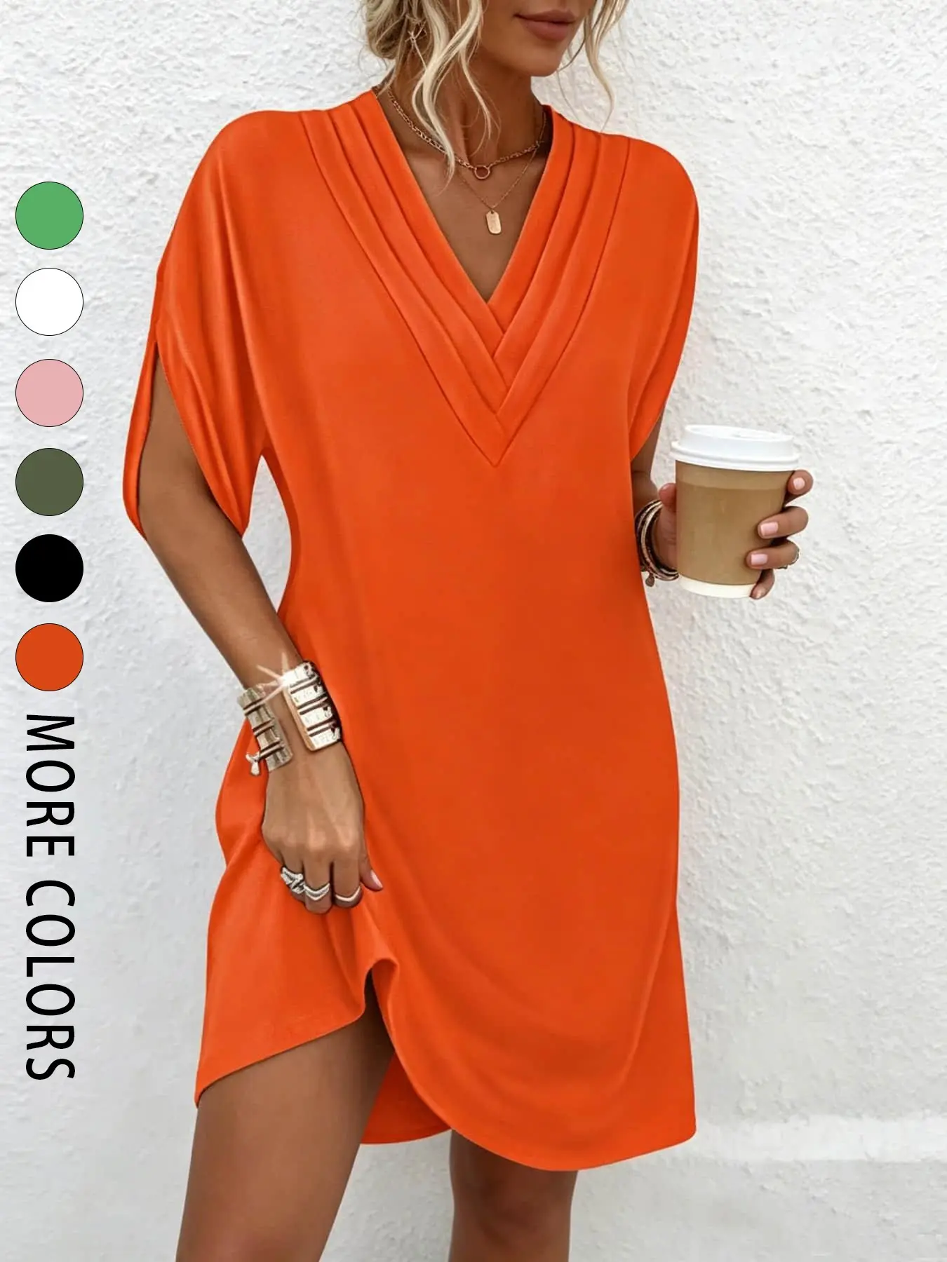 A women's fashionable and casual solid color dress with V-neck pleated batwing sleeves, suitable for summer, beach parties, dates, and casual shopping, Beach Party Dress, Casual Beach Sundress, Beach Holiday Dresses, Beach Wear Dress