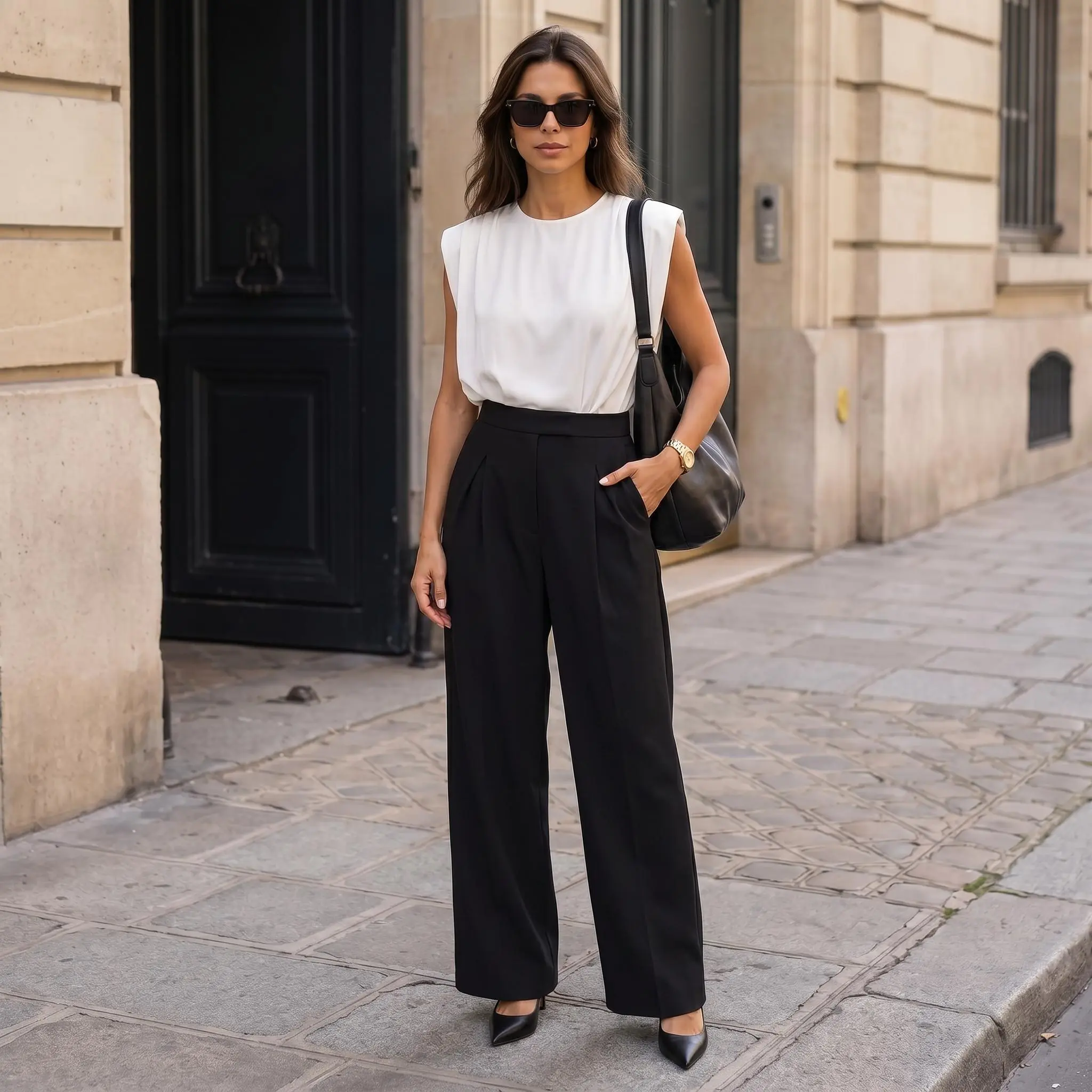 High Waist Pleated Wide Leg Jumpsuit for Women Sleeveless Round Neck Silk Satin Business Casual One Piece Outfit Elegant Office Romper