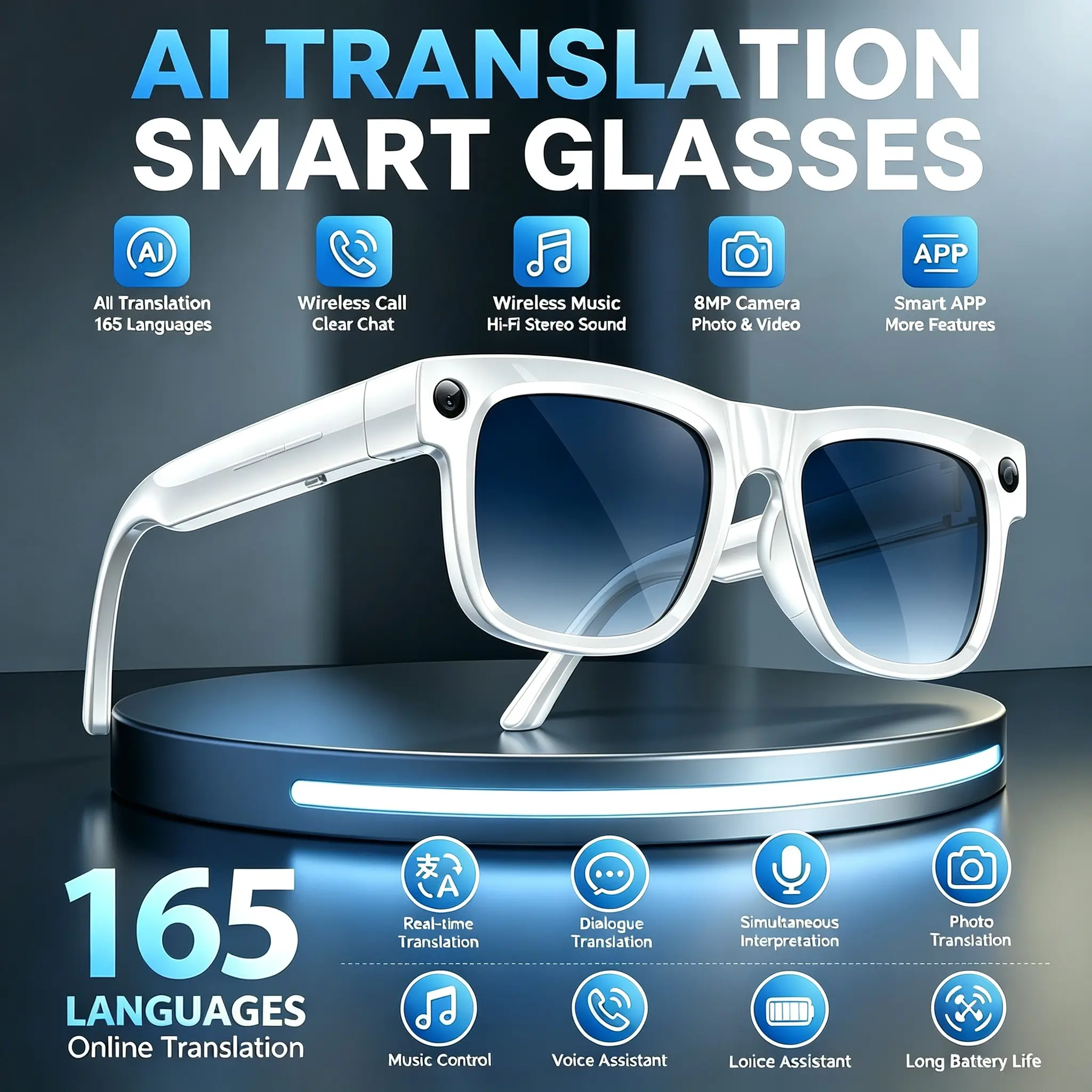SENBONO AI intelligent translation glasses, 165 language translations and conference summaries. 8 million pixel high-definition camera, EIS intelligent image stability, call and music, touch, artificial intelligence glasses - travel and outdoor