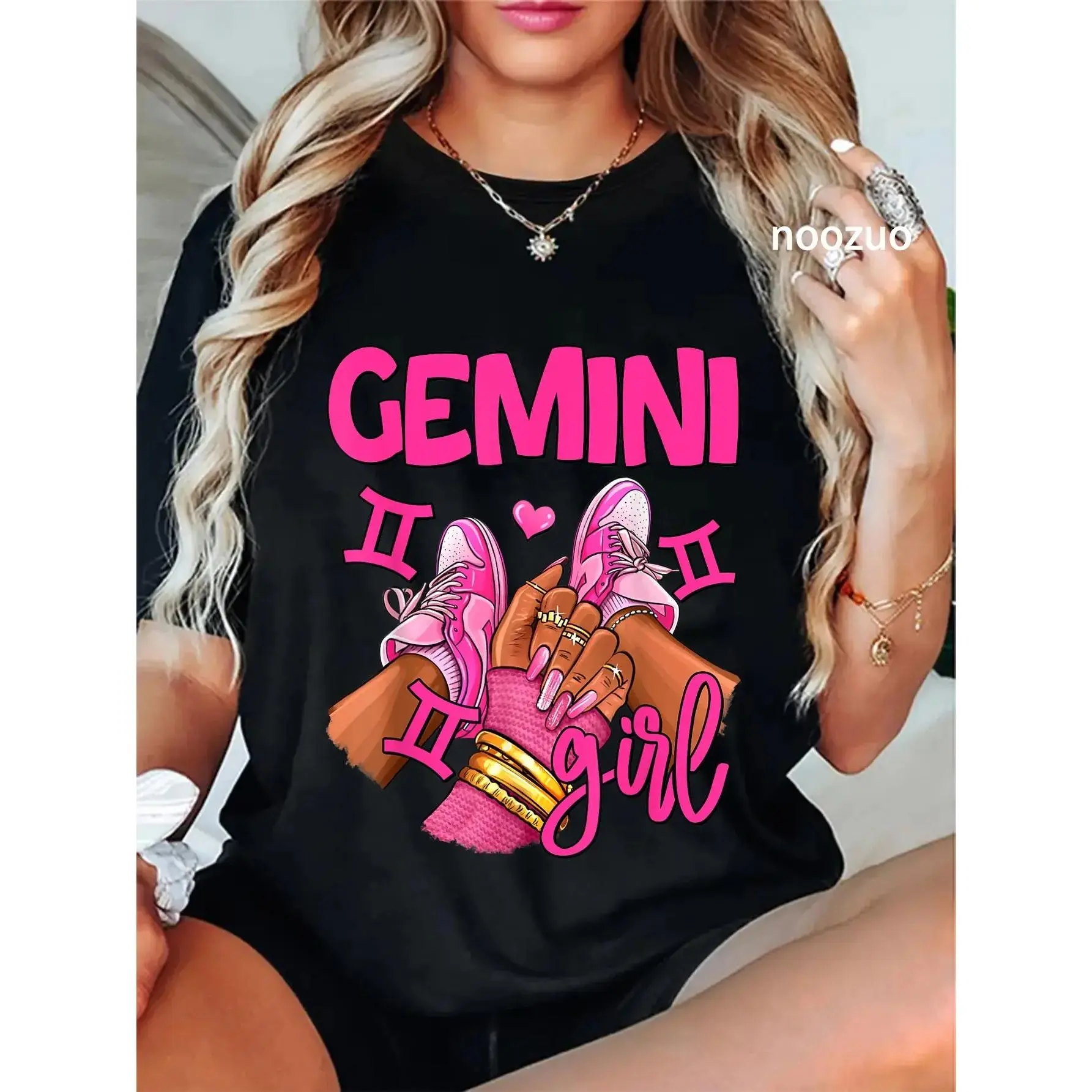 Women's 100% Cotton Short-Sleeve Casual Gemini Zodiac Graphic T-Shirt - Birthday Queen Women's Top, Lady Streetwear Everyday Wear, Shortsleeve, Tshirt, Birthday Graphic Women's T-Shirts