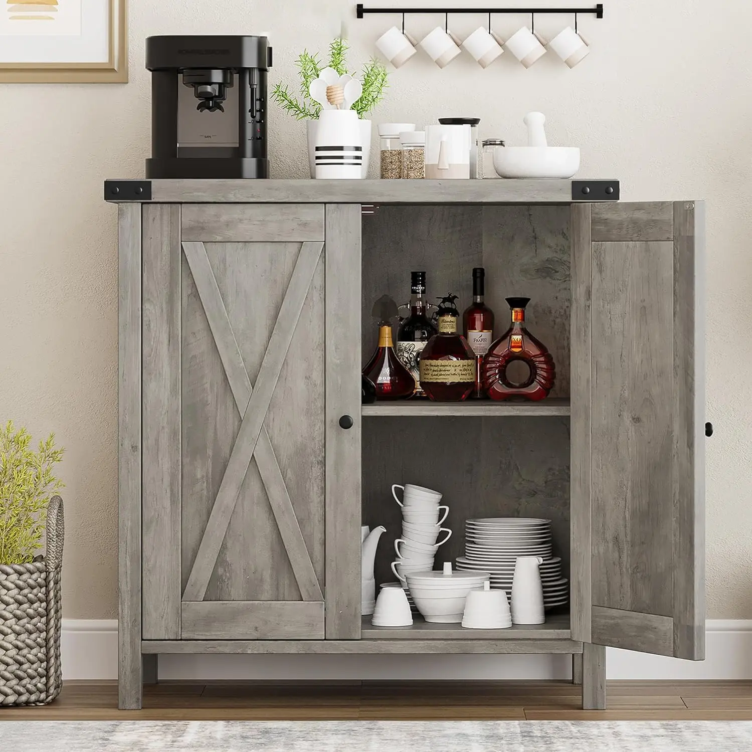 Christmas DealGARVEE Farmhouse Buffet Cabinet with Doors and Shelves, MDF Wood, Adjustable Shelf, Metal Handles, Rustic Grey, for Living Room, Dining Room, Hallway