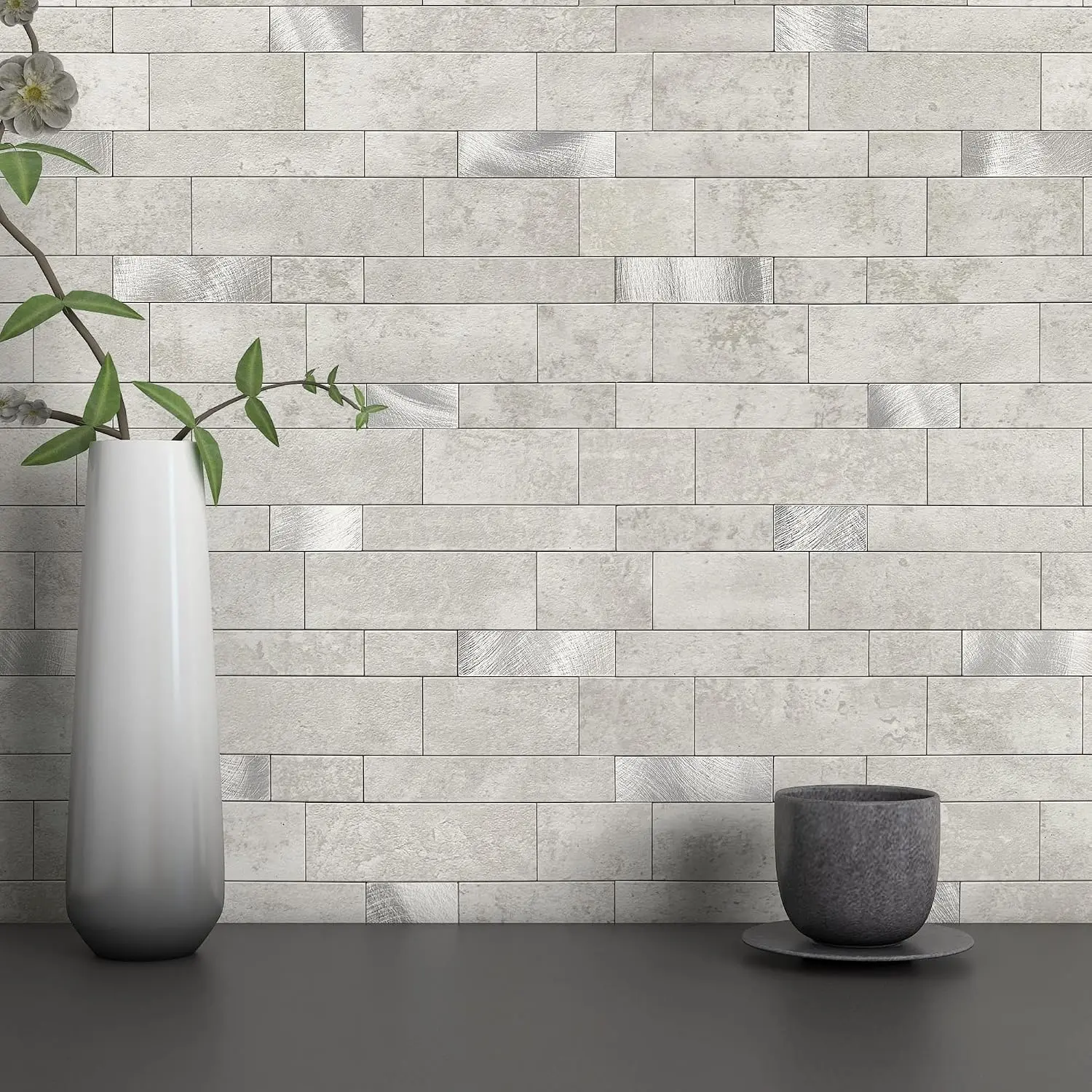 Backsplash Tile for Kitchen Peel and Stick Stone atte Finish,Bathroo Tiles Stickers  Wall Panel Linear osaic arble Backsplash (5sheets,Ceent Grey)