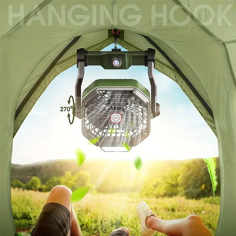 Outdoor Camping Adjustable Fan, Rechargeable Personal Fan with LED Lantern Illumination, Portable 270° Rotation Cooling Fan with Hook for Travel Picnic Fishing