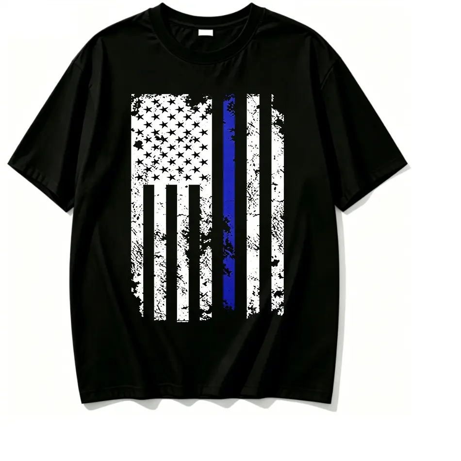100% Cotton Vintage Distressed Thin Blue Line American Flag Police Support Graphic T Shirt Grunge Worn Texture USA Patriotic Law Enforcement Print Breathable Cotton Short Sleeve Casual White Tee