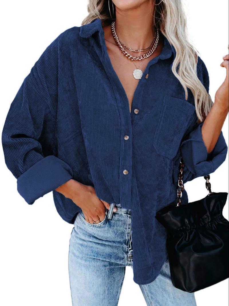 Women's Plain Pocket Button Front Corduroy Shirt, Casual Drop Shoulder Long Sleeve Blouse Top for Spring & Fall, Ladies Clothes for Daily Wear