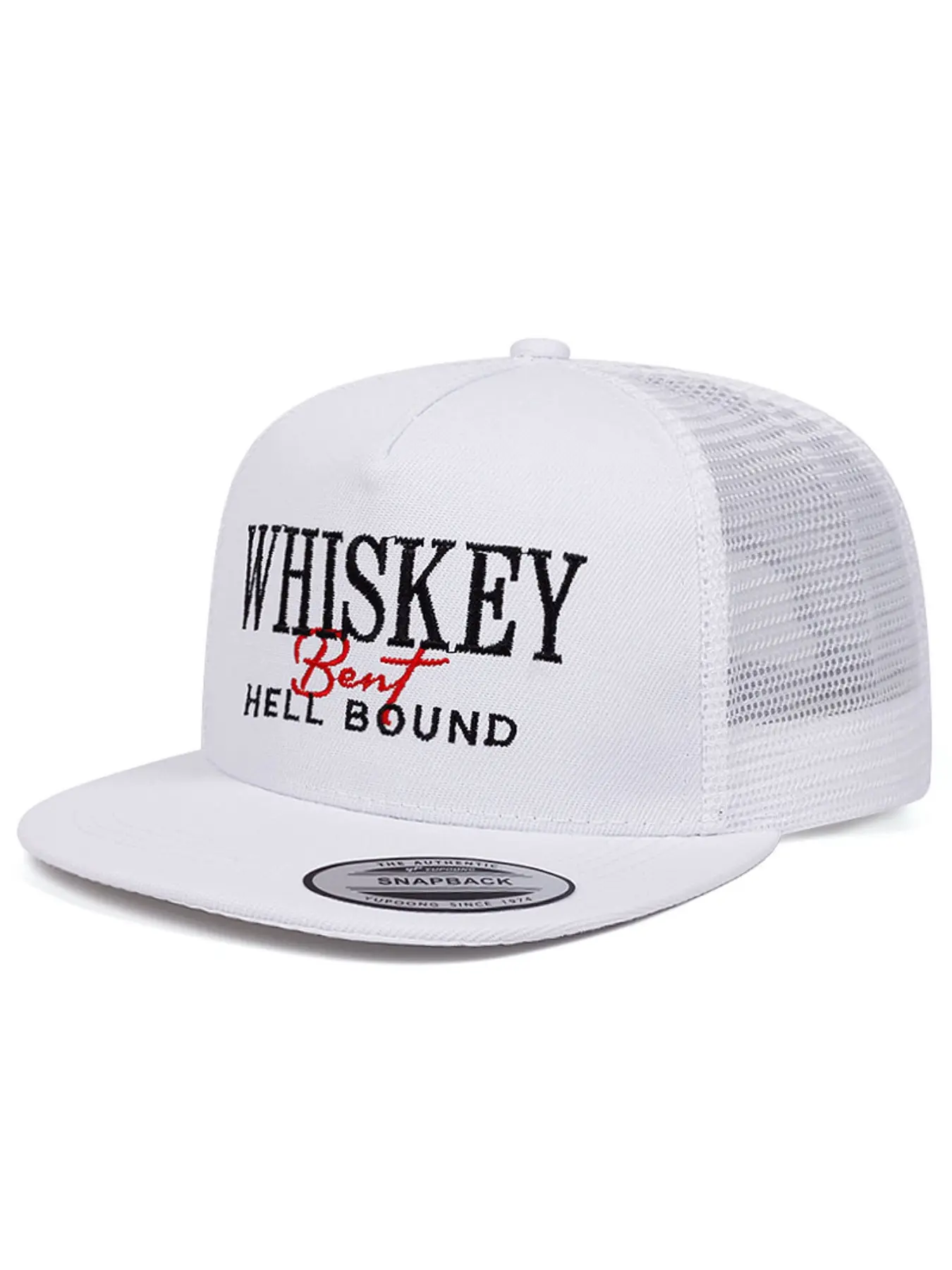 Unisex Country Music Style Mesh Trucker Hat Men Women White Flat Brim Baseball Hat Retro Whiskey Bent Hell Bound Slogan Embroidered Cap