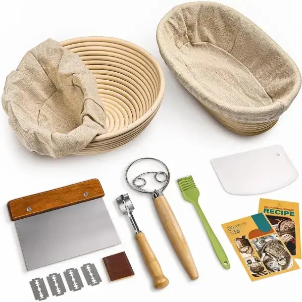 Sourdough Bread Banneton Proofing Basket Set, 9in Round & 10in Oval Cane Baskets (Sourdough Friendly Bakeware Utensils) Includes Accessories: Dough Whisk, Lame, Dough Scraper, Bowl Scraper, Silicone Brush