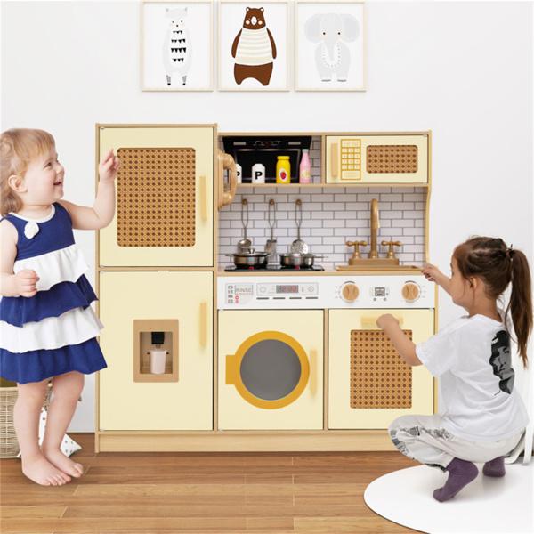 Kids Wooden Kitchen Playset 3+ with Fridge Sink Washing Machine with Realistic Light Sound Rattan Doors - Yellow