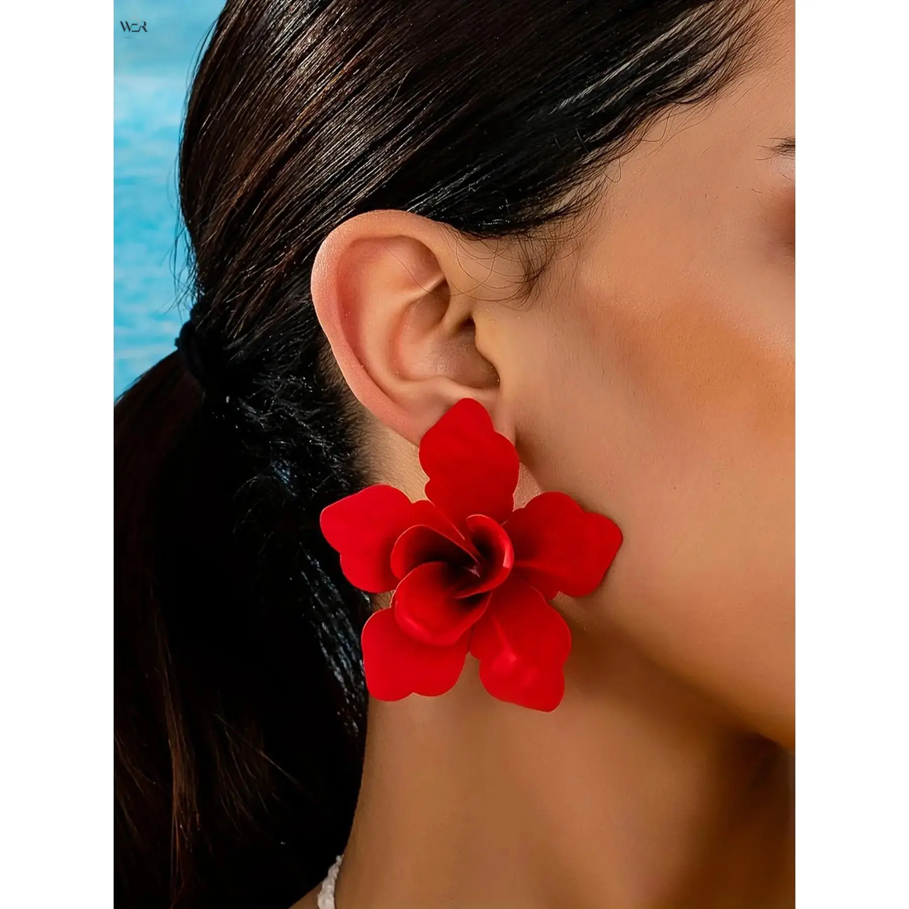 Women's 3D Glossy Enamel Solid Floral Stud Earrings - 7cm Vintage Stainless Metal Statement Jewelry, 12 Color Options, Lightweight Party Wear Accessory for Daily & Wedding Use
