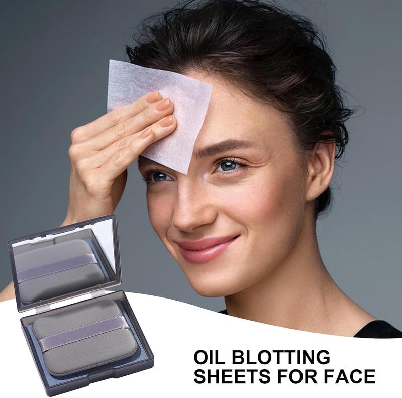Portable Oil Absorbing Face Paper with Mirror & Puff, 500pcs/set 2 IN 1 Blotting Sheet with Mirror Puff Makeup Blotting Paper for Oily Skin, Oil Control Face Paper Facial Makeup Tool
