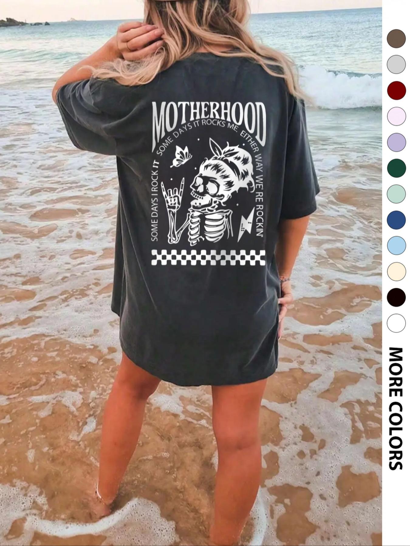 Women's Skull & Letter Graphic Round Neck Tee, Casual Fashion Drop Shoulder Half Sleeve T-Shirt, Tops for Daily Wear, Ladies Clothes for All Seasons