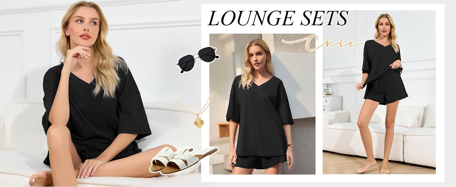 FMEYOA Womens 2 Piece Sets Summer Outfits 2025 Lounge Set 3/4 Sleeve Oversized Tops And Elastic Waist Shorts With Pockets