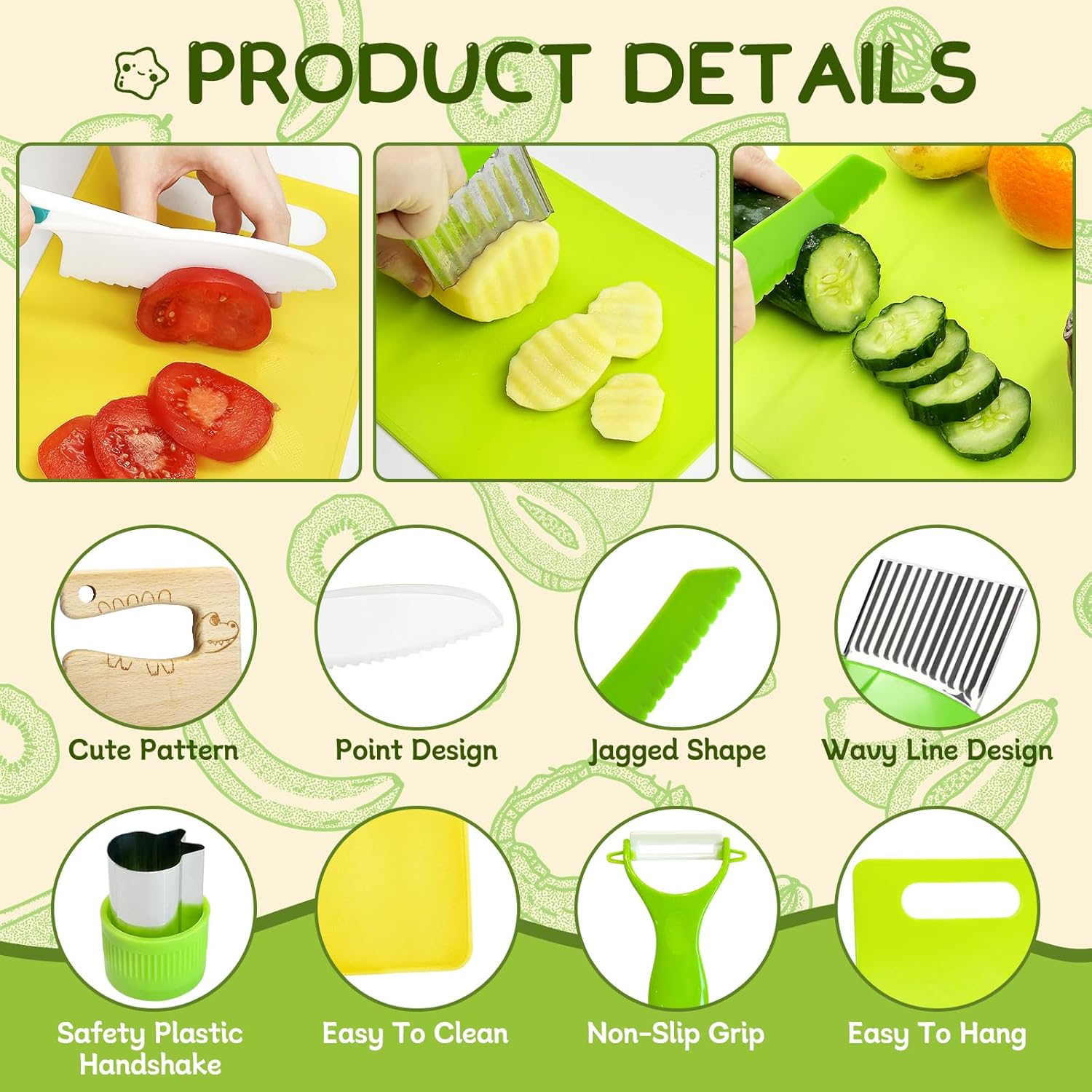 13-piece child-safe knife set, Miniature cooking set, Suitable for real cooking, kid-friendly plastic chef tools for toddlers, bright colors, great gifts for kids, Play Kitchen Accessories