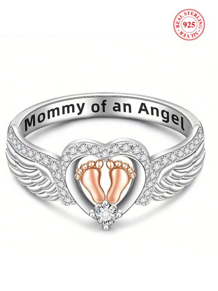 925 Sterling Silver Angel Wing Design Ring, Artificial Zircon Ring, Heart & Footprint Decorative Ring for Women, Fashion Jewelry Accessories for Daily Wear, Trendy All-match & Exquisite Jewelry for Birthday Gift, Dainty Ring