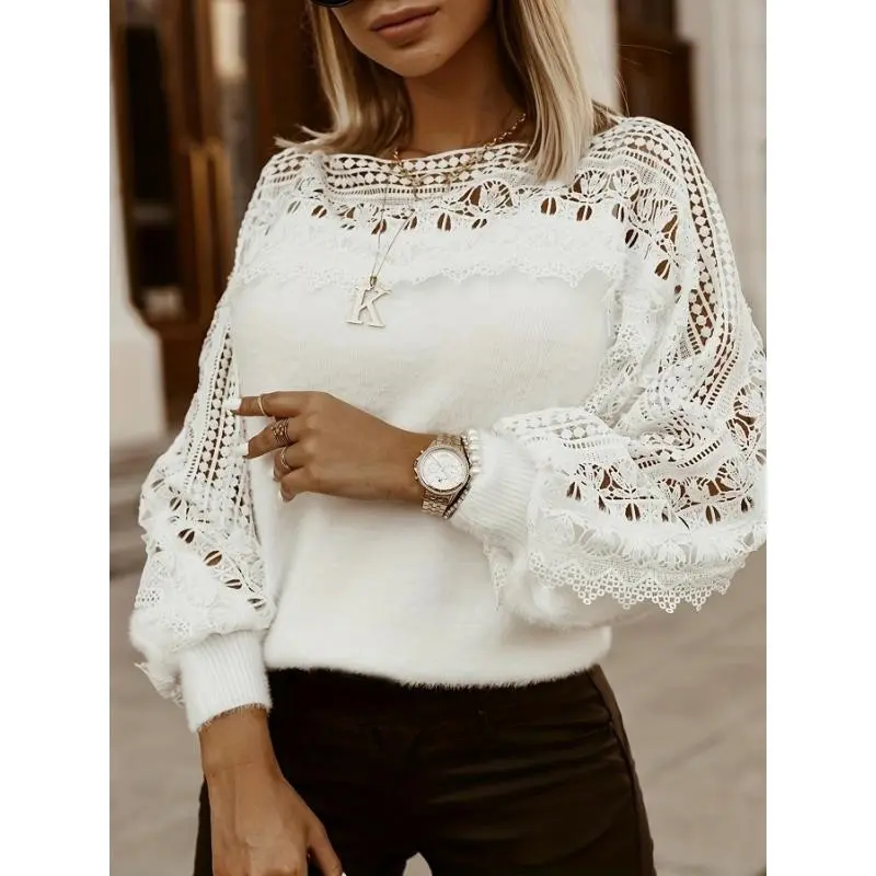 Lace Splicing Round Neck Hoodie - Casual, Long Sleeve, Hollow Knitted Women's Sweater Comfortable and Versatile, Autumn and Spring