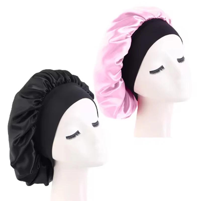 Women's Satin Solid Bonnets Wide-brimmed Night Sleeping Bathing Hat Unisex Head Wrap Elastic Band Cap Hair Care Bonnet