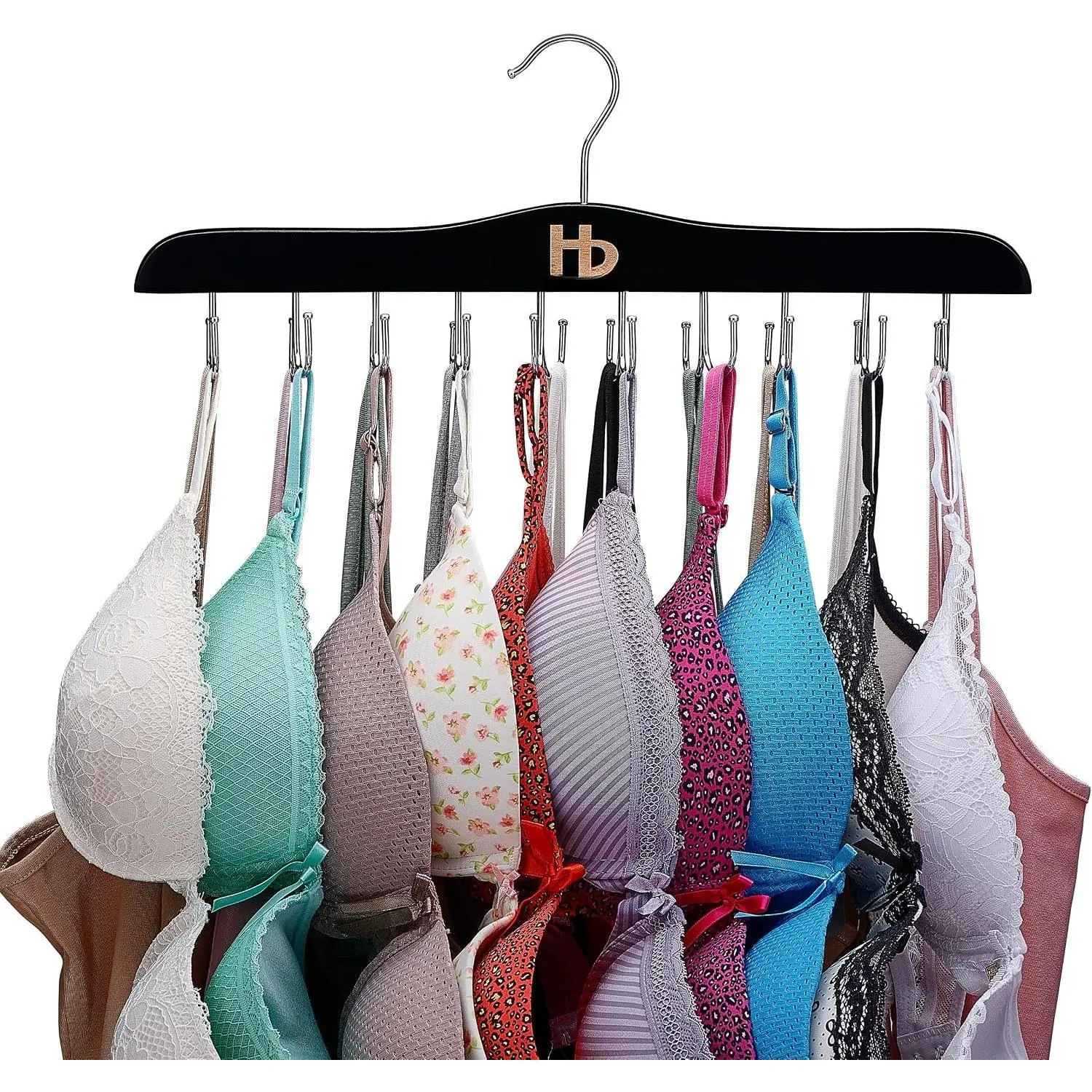 Large Bra Hanger and Bra Organizer for Closet –  Top Hanger Space Saving for House, Dorm, Apartment - Foldable Wooden for Closet Organizer– with 20 Hook - Lotus , Black, 1 Pack
