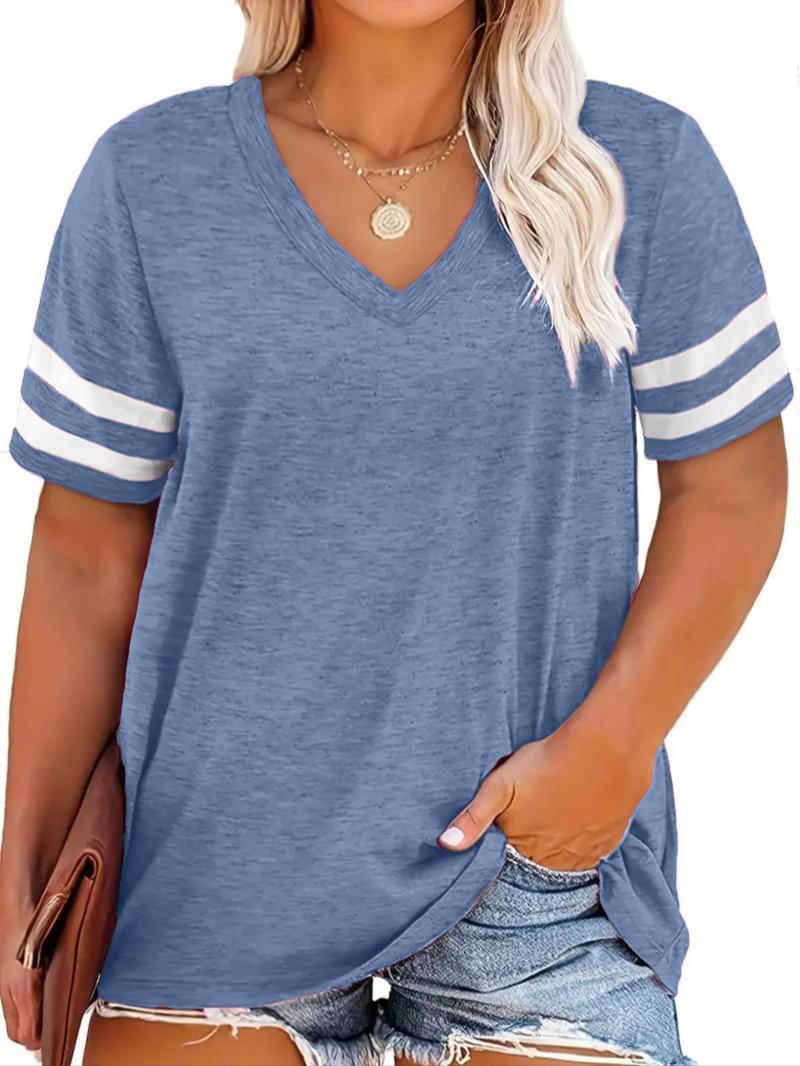 Plus Size Contrast Striped Print V Neck Tee, Casual Short Sleeve T-shirt for Summer, Women's Plus Clothing for Daily Wear, Cute Tops