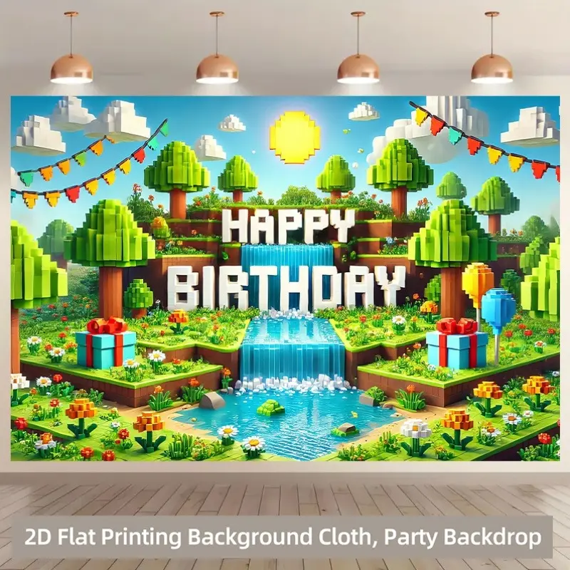 2D Flat Pixel Adventure Happy Birthday Banner | Block World Waterfall & Forest Party Backdrop Picture | Single-Sided Polyester | Metal Grommets for Easy Hanging | Perfect for Kids Birthday Parties, Gamer Celebrations, Cake Table & Photo Booth Decor
