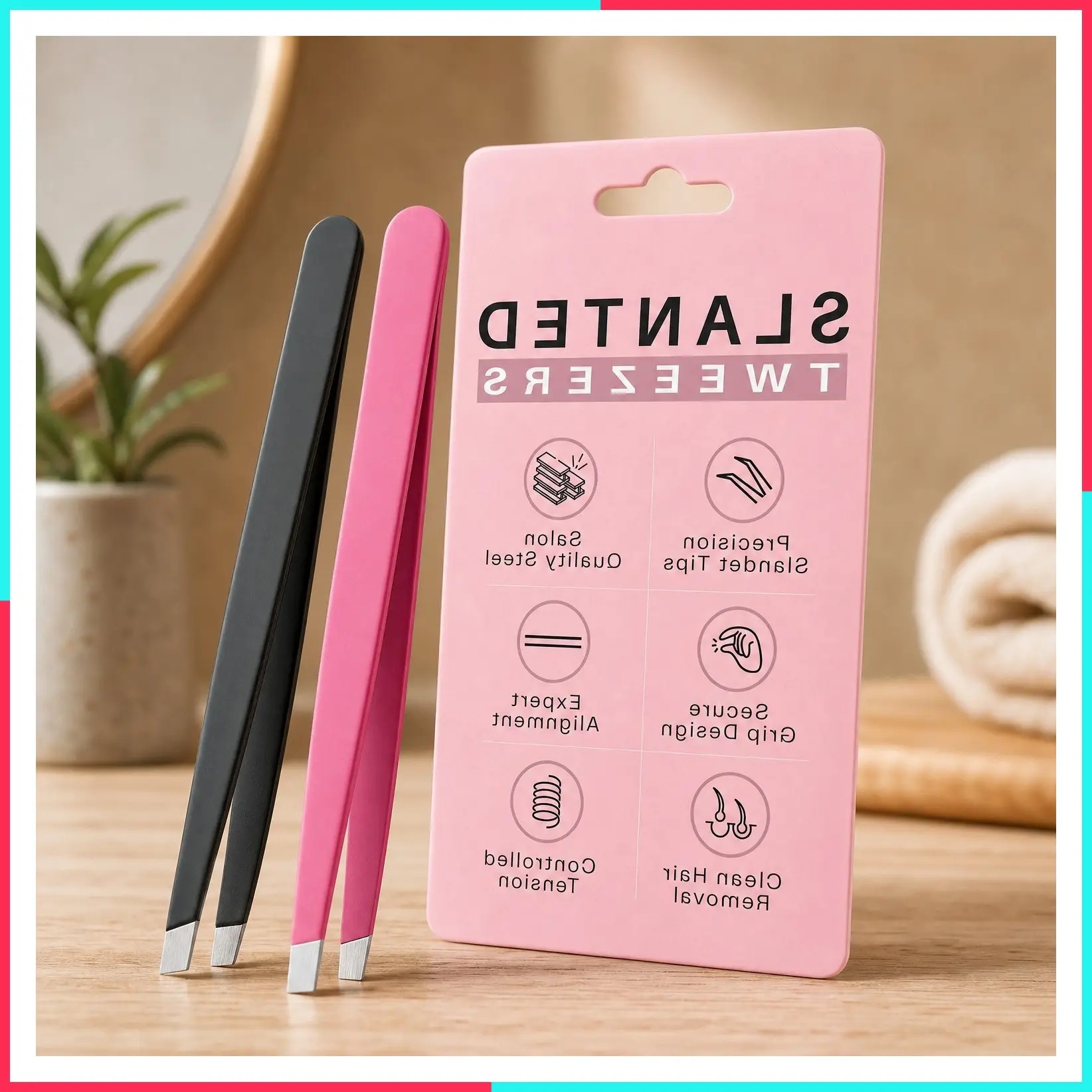 Professional Precision Slant-Pointed Tweezers for Women and Men - Eyebrow, Facial Hair, Ingrown Hair, Blackhead & Splinter Removal (Black+Pink)