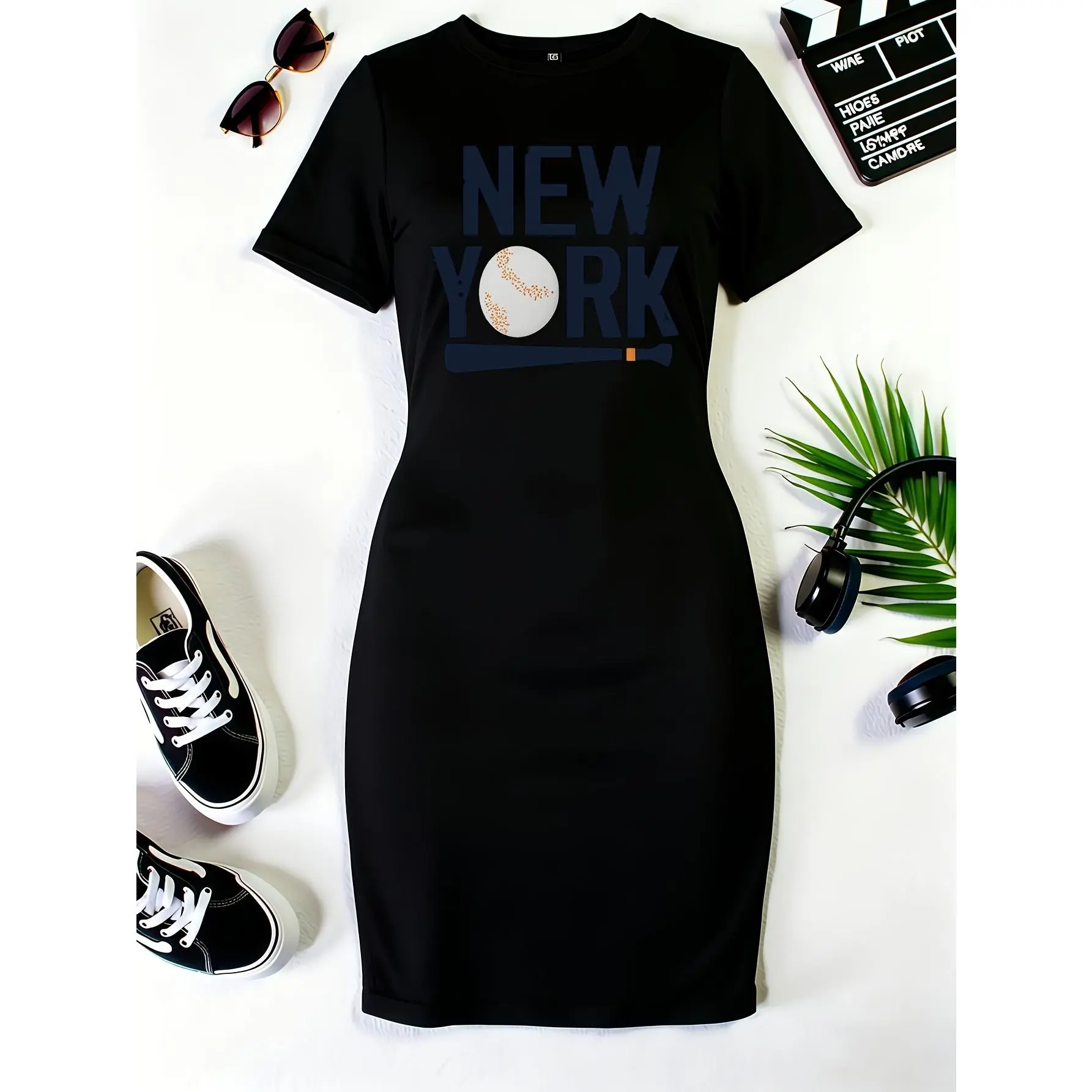 Fashionable New Women'S Round Neck Design, New York Baseball Print Pattern, Casual And Comfortable Everyday Versatile Short-Sleeve Dress