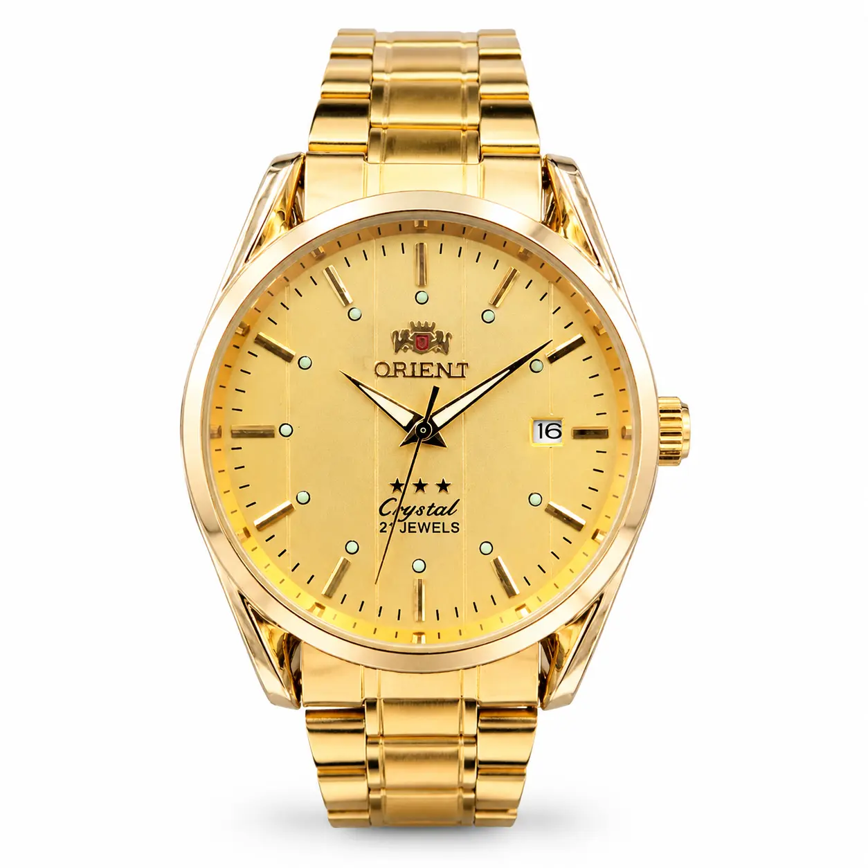 Orient Crystal 21 Jewels Gold Automatic Watch for Men | Stainless Steel, Gold Dial, Luminous Markers, Date