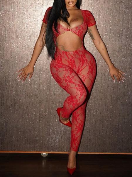 Sexy Red Lace Jumpsuit for Women Sheer Bodysuit One Piece Cut Out Outfit Deep V Neck Short Sleeve Catsuit Bodycon Romper Stretchy Floral Mesh See Through Clubwear Lingerie Style Statement Party Date Night Look