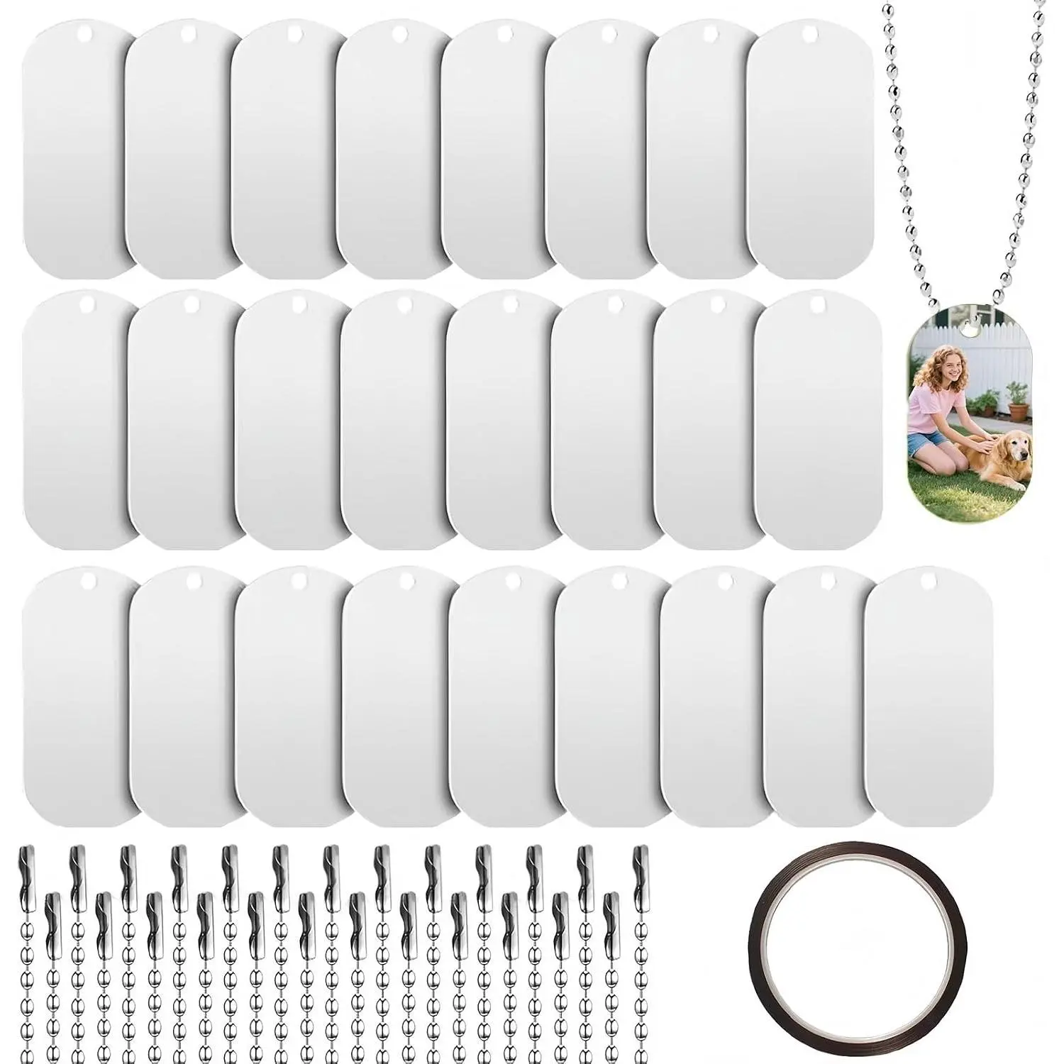 Sublimation Blank Dog Tags Sets，25 Packs Sublimation Necklace Blank Metal Sublimation Tag and Chain for DIY Decorative Craft Pet