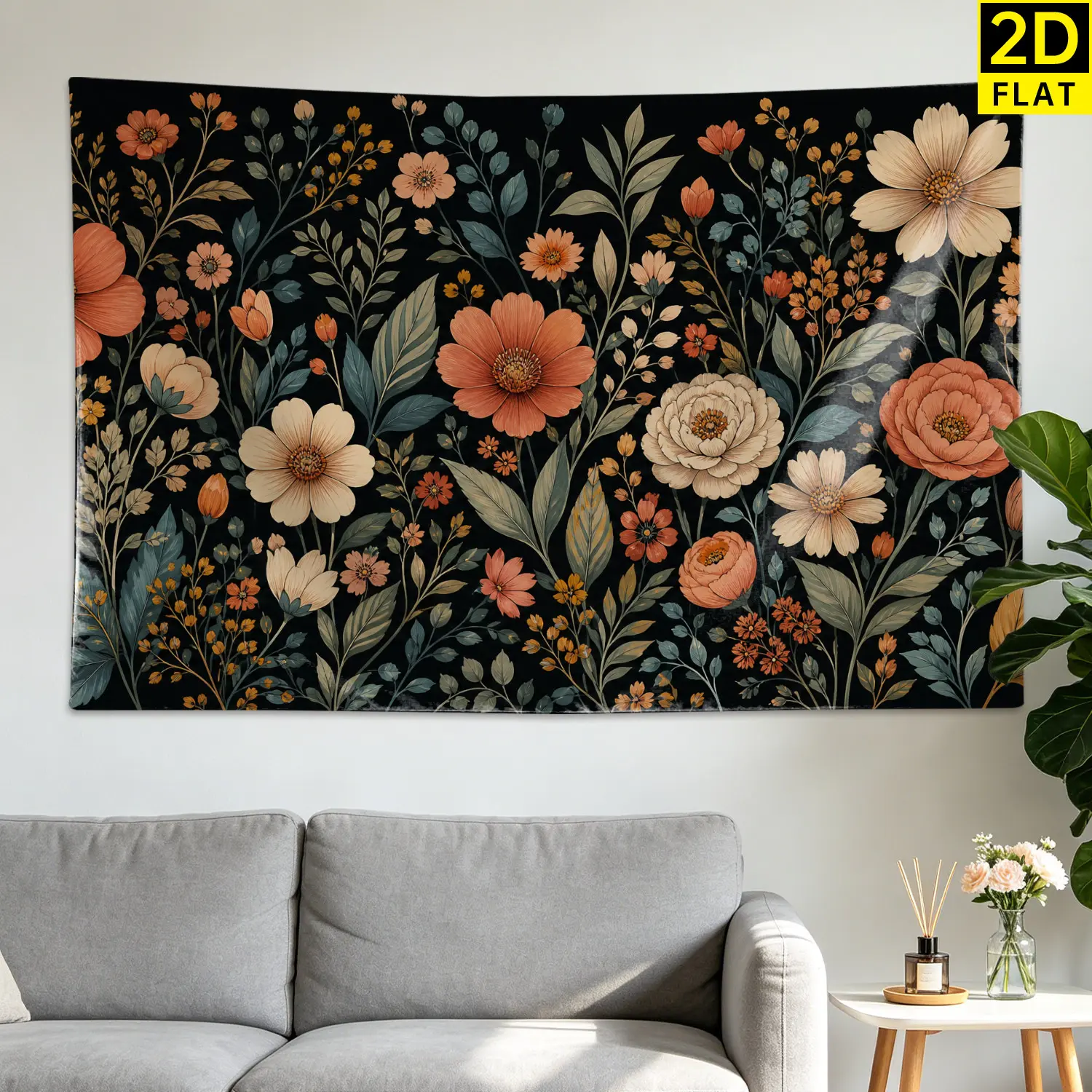 Vintage Floral Botanical Black Background Wall tapestry, Large size Printed Horizontal Tapestry blanket, Polyester Fabric Wall Hanging for living room, bedroom, No Installation Required, Indoor, Outdoor, Gift for Family and Friends