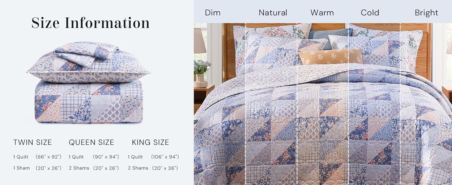Set Queen Size, Patchwork Blue Pink Marigold Floral Sets, Reversible Bedspread Lightweight and Breathable for All, Soft Quilted Bedspread with 2 Pillow Shams