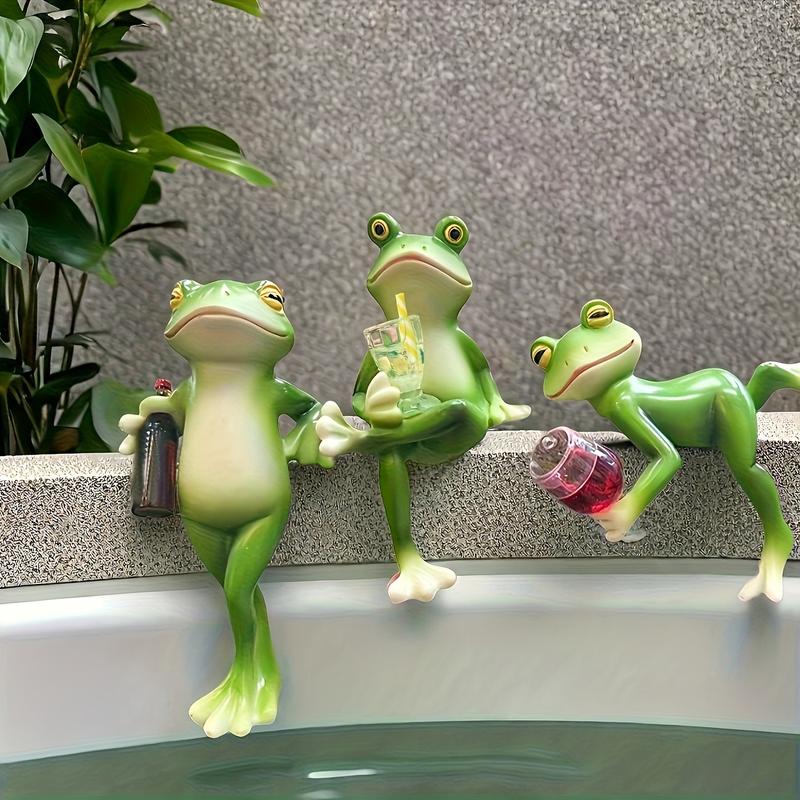 3 Frogs with Drinks Resin Sculptures - Romantic Garden Decor for Balcony, Patio, and Planter - Ideal for Weddings, Festivals, and Seasonal Celebrations, Garden Accessories, Frog Garden Decor | Playful Scene | Detailed Textures, Frog Decor