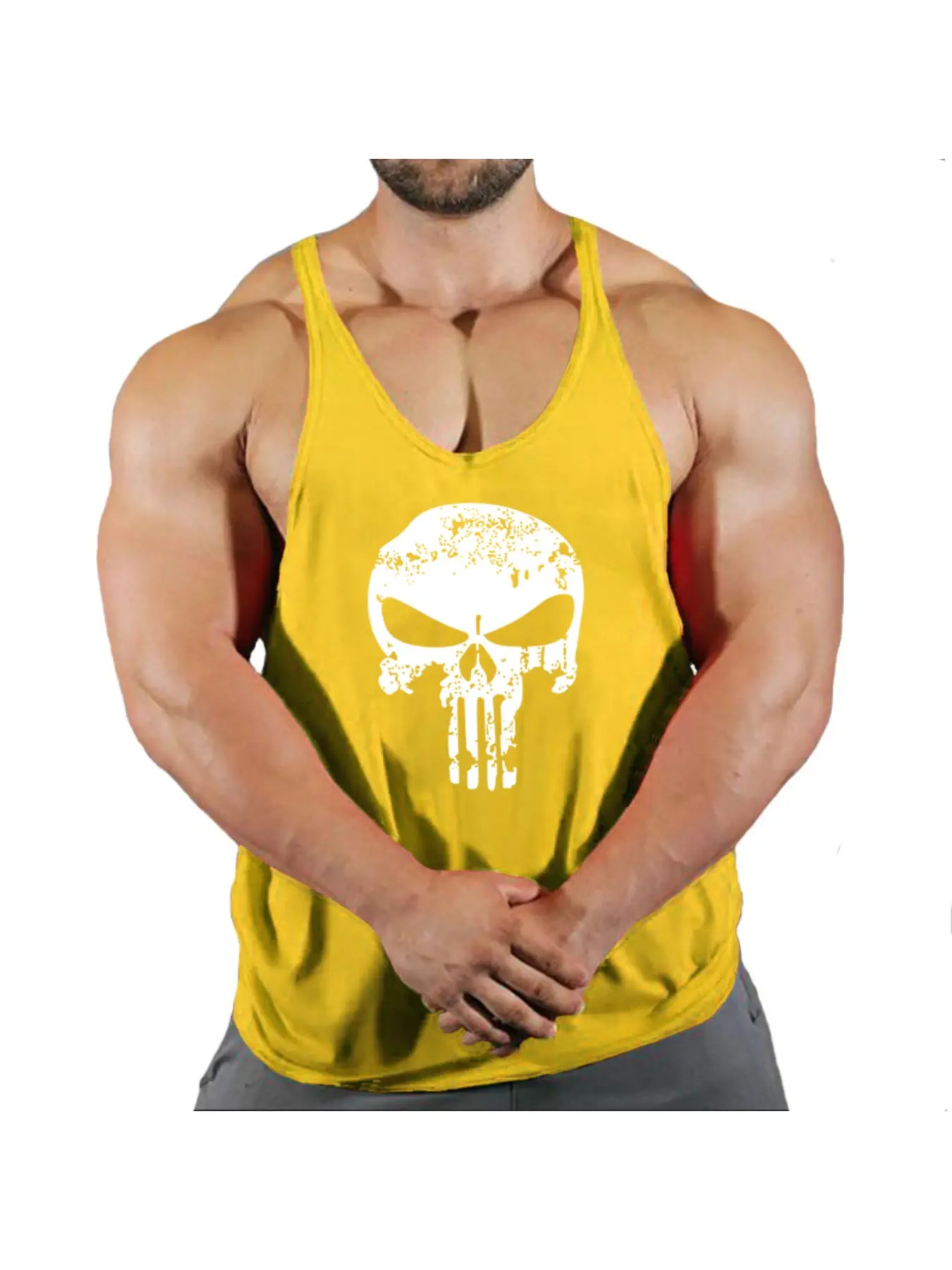 Men Bodybuilding Stringer Tank Top Big Skull Graphic Print Weightlifting Fitness Workout Sleeveless Tee Sleeveless Tanks