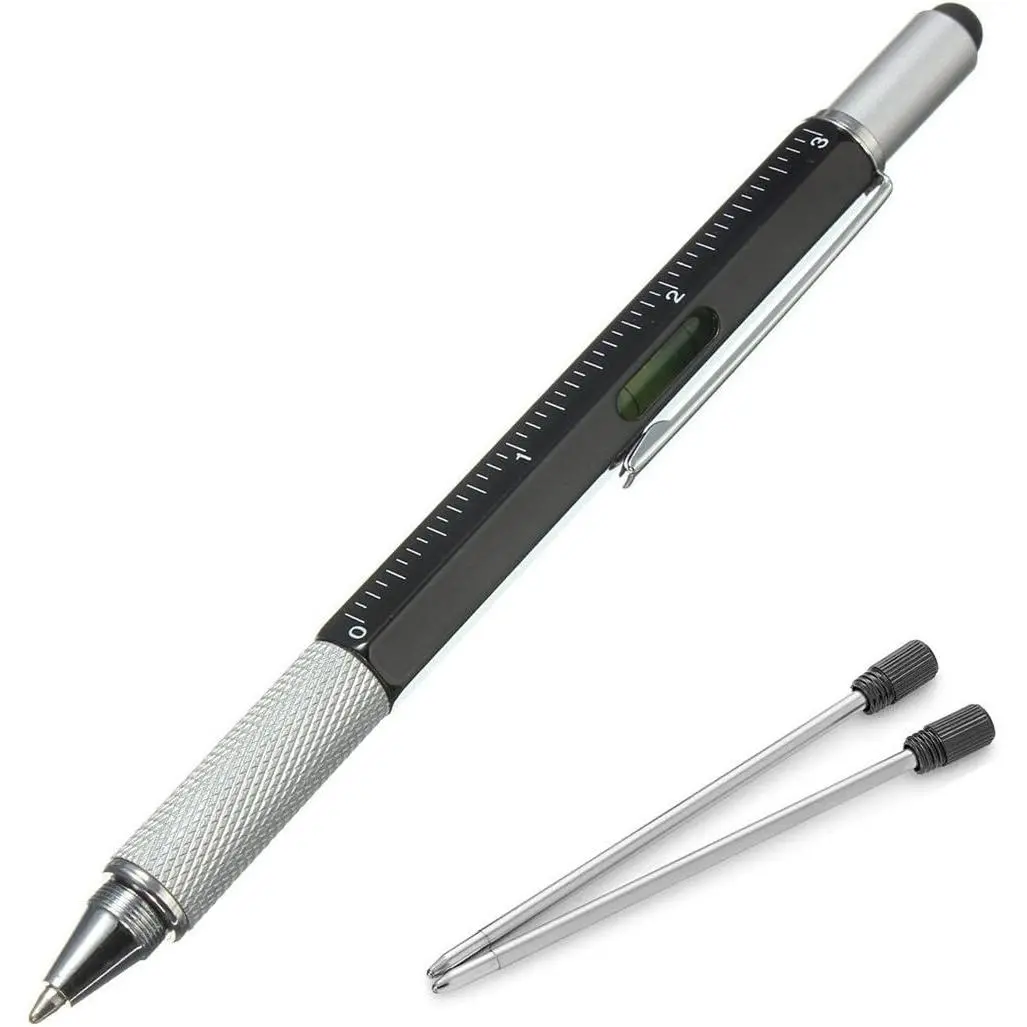 Multi-Tool Tech Pen for DIY Users - Ballpen+Stylus (Touchscreen Compatible), Ruler, Spirit Level, Flat/Phillips Screwdrivers, 2 Ink Refills Included (Black), Ink Refills Incl.