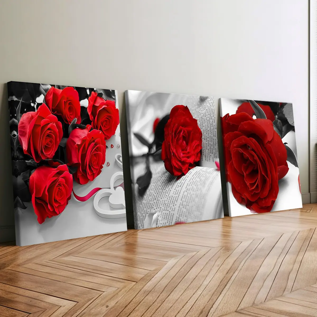 3 count wood frame canvas, black and white background red rose senior atmosphere sense of triple poster, fashion poster, home decoration, modern art living room hanging picture, suitable for bedroom, office, wall art, waterproof and tastless