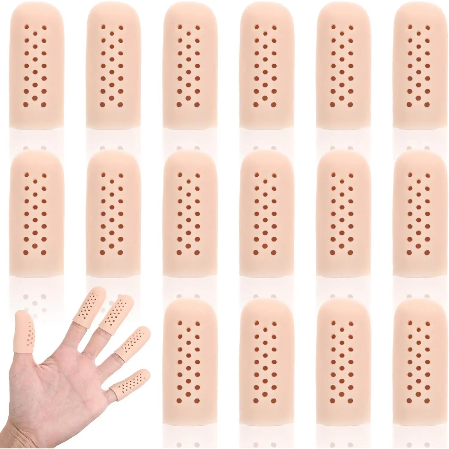 16 Pcs Gel Finger Cots with Air Holes Silicone Finger Protectors Breathable Covers Anti Nail Biting Gloves for Fingers Tips Toe Sleeves for Wound Fingers Cracking (Nude)