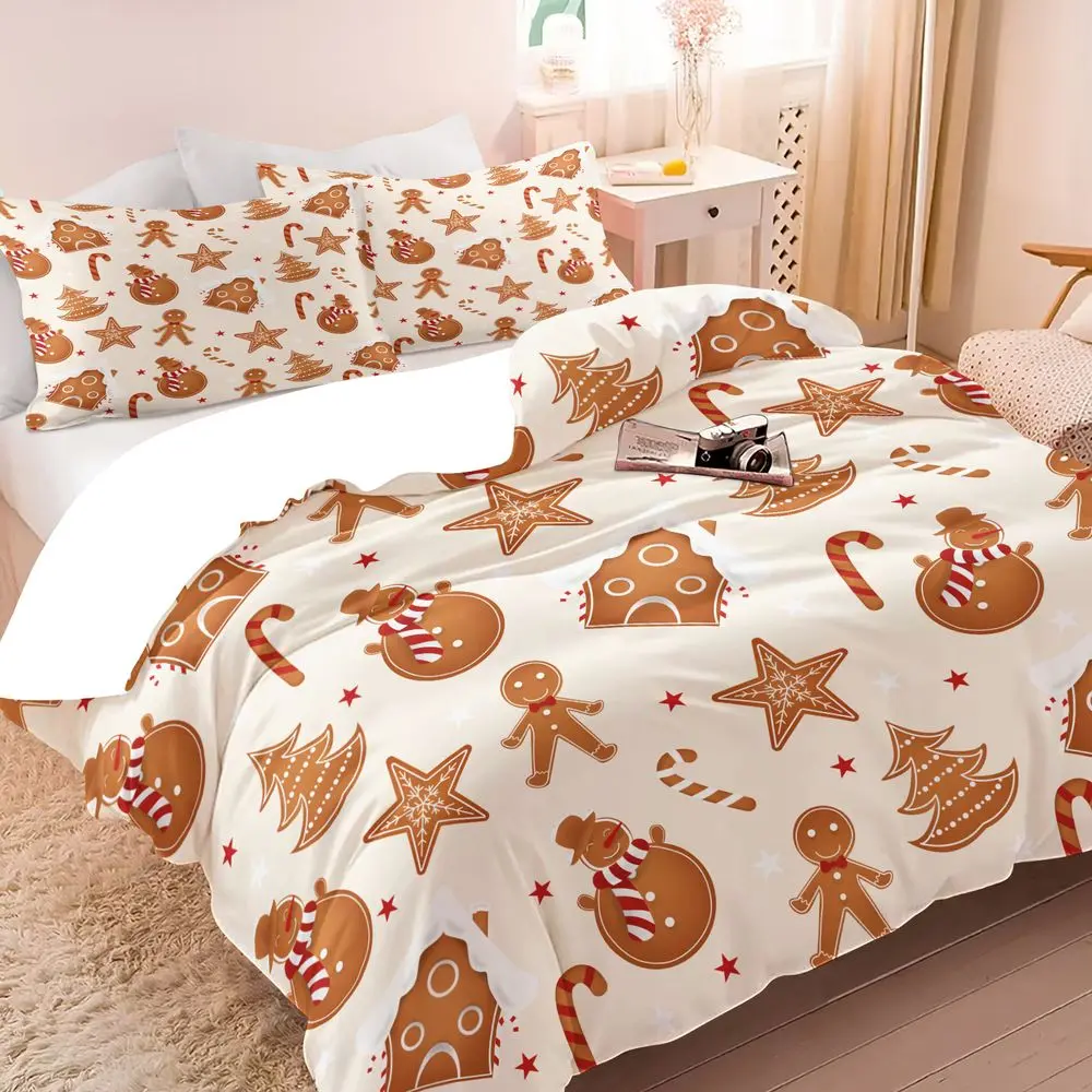2/3Pcs Christmas Gingerbread Man Duvet Cover Set, Cute Holiday Bedding Set with Snowman & Candy Cane Print, Soft Microfiber Duvet Cover & Pillowcase for Kids Bedroom Decor No Fillers