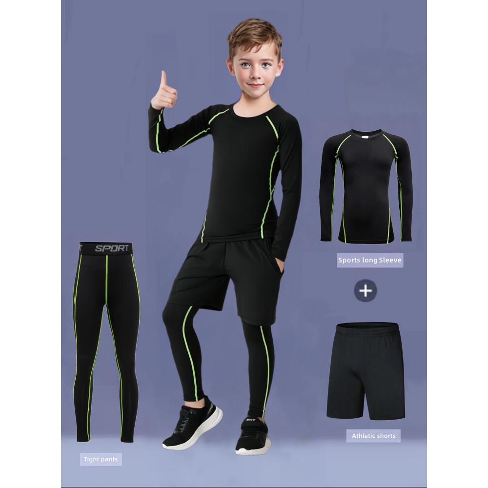 3pcs Boys' Quick-Dry Athletic Set - Compression Long Sleeve Top, Tight-Fit Pants & Shorts Training |   -Elastic multi- (Running, Cycling,) |     Fall Outfit |     Machine Washable Compression Suit, Perfect Outdoor