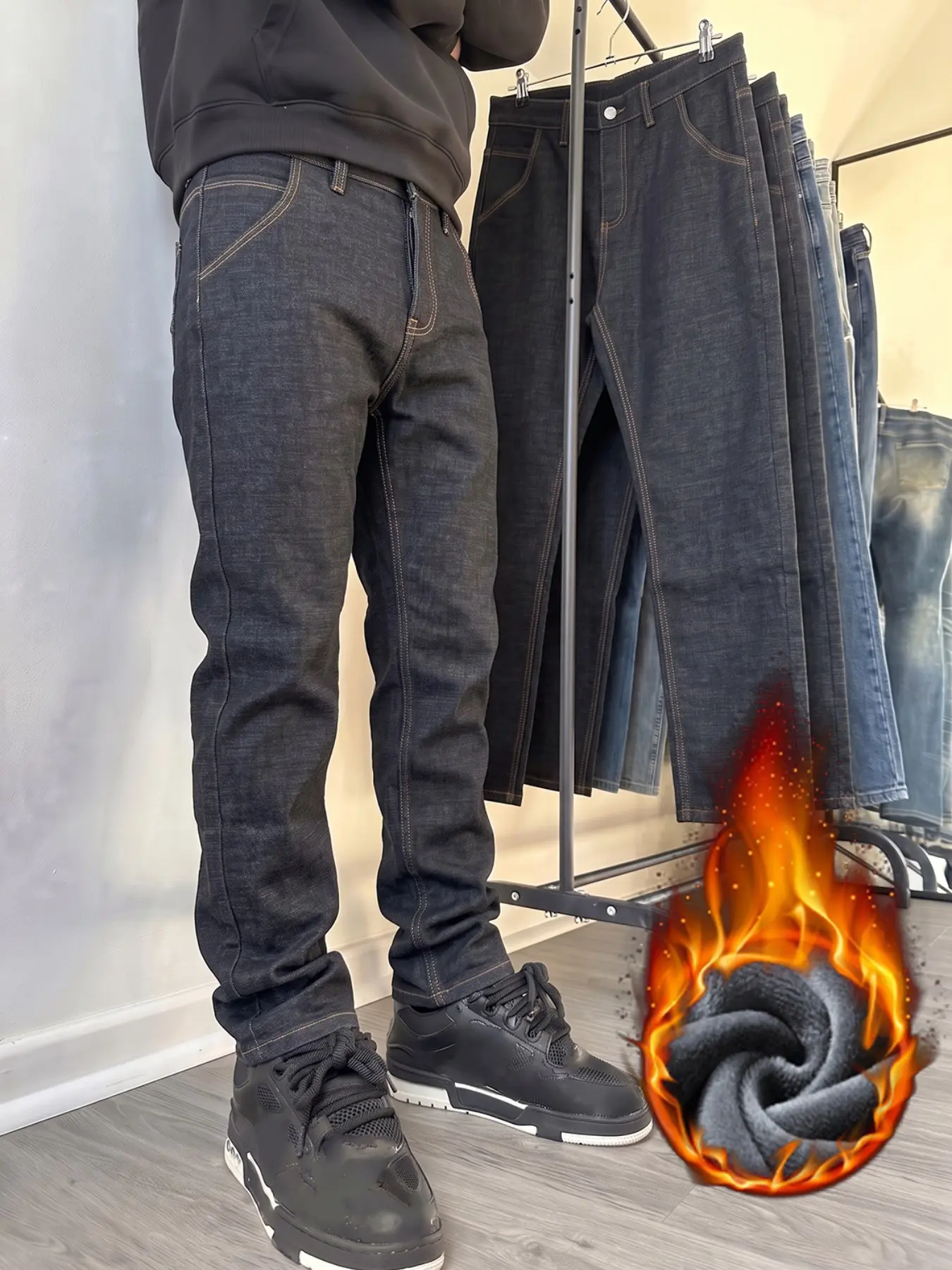 Men's Fleece Lined Thick Streetwear Denim Jeans, Slim Fit Straight Leg Long Pants, New Cotton Elastic Style, Fall & Winter Warm Clothing