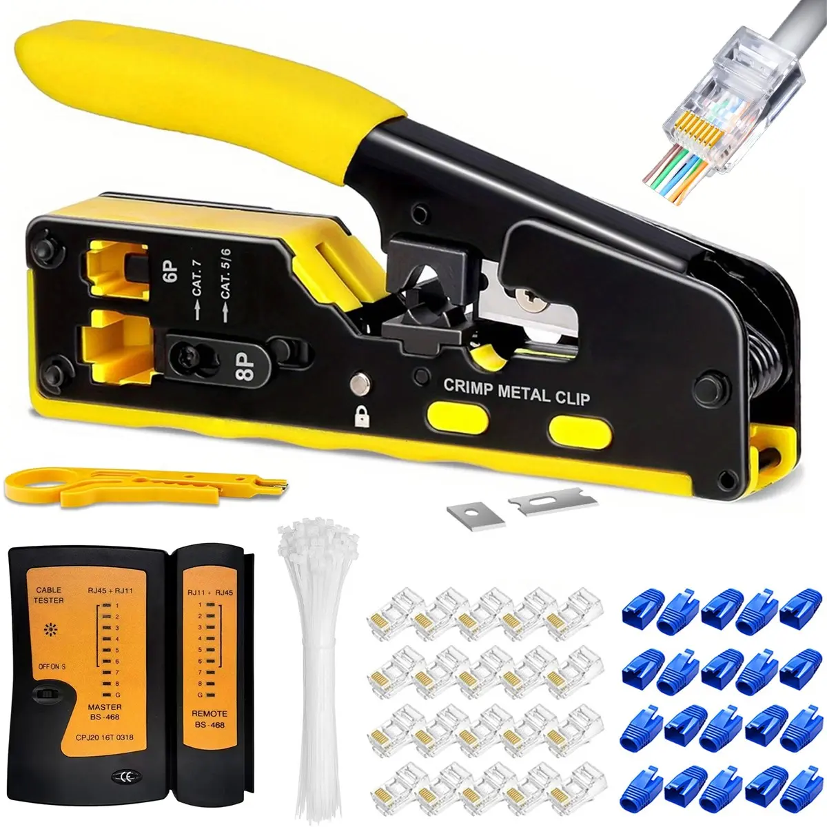 RJ45 Crimp Tool Kit Set All-in-One Ethernet Crimper Cat7 Cat6 Cat5 Crimping Tool with Installation Network Cable Tester, 20pcs Cat5 RJ45 Pass Through Connector, 20pcs Connector Boots, Connector Covers for Home, Network Connect Wire Strippers, Toolkit