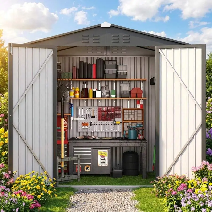 [2 Packages Shipping]8FT X 6FT Outdoor Storage Shed, Galvanized Metal Shed With Double Lockable Doors, Metal Base Frame, Outdoor Utility And Tool Storage, Backyard, Patio, And Lawn, Christmas Gifts,'s Day Ideas